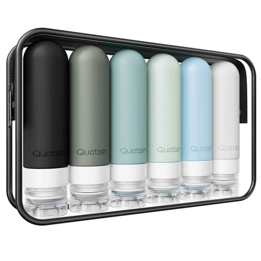 Quatish Travel Bottles for Toiletries 6 Pack, Original Patented Leakproof 3 oz Tsa Approved Travel Size Containers, BPA Free Silicone Shampoo and Conditioner Bottles, Camping Essentials, Black