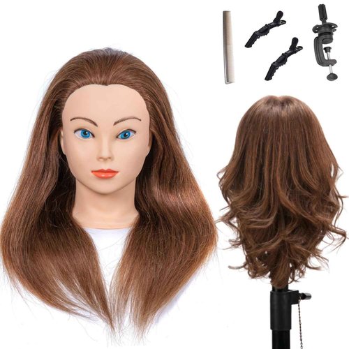 100% Human Hair Mannequin Head - Styling Training Head for Cosmetology & Hairdressing, Free Clamp (16-18, Brown)