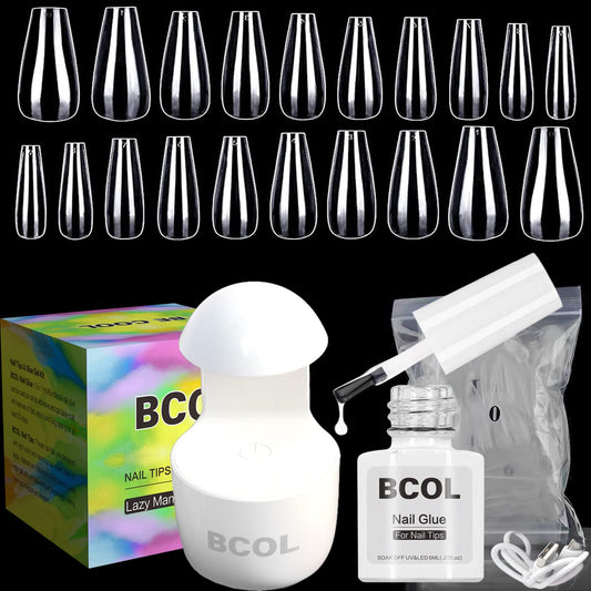 BCOL Nail Tips and Glue Gel Nail Kit, 2 In 1 Nail Gel and Base Gel with 500Pcs Coffin Nails and Innovative UV LED Nail Lamp for Gel Art Liner Polish Extension Different Nail Art Nails DIY Home Gifts