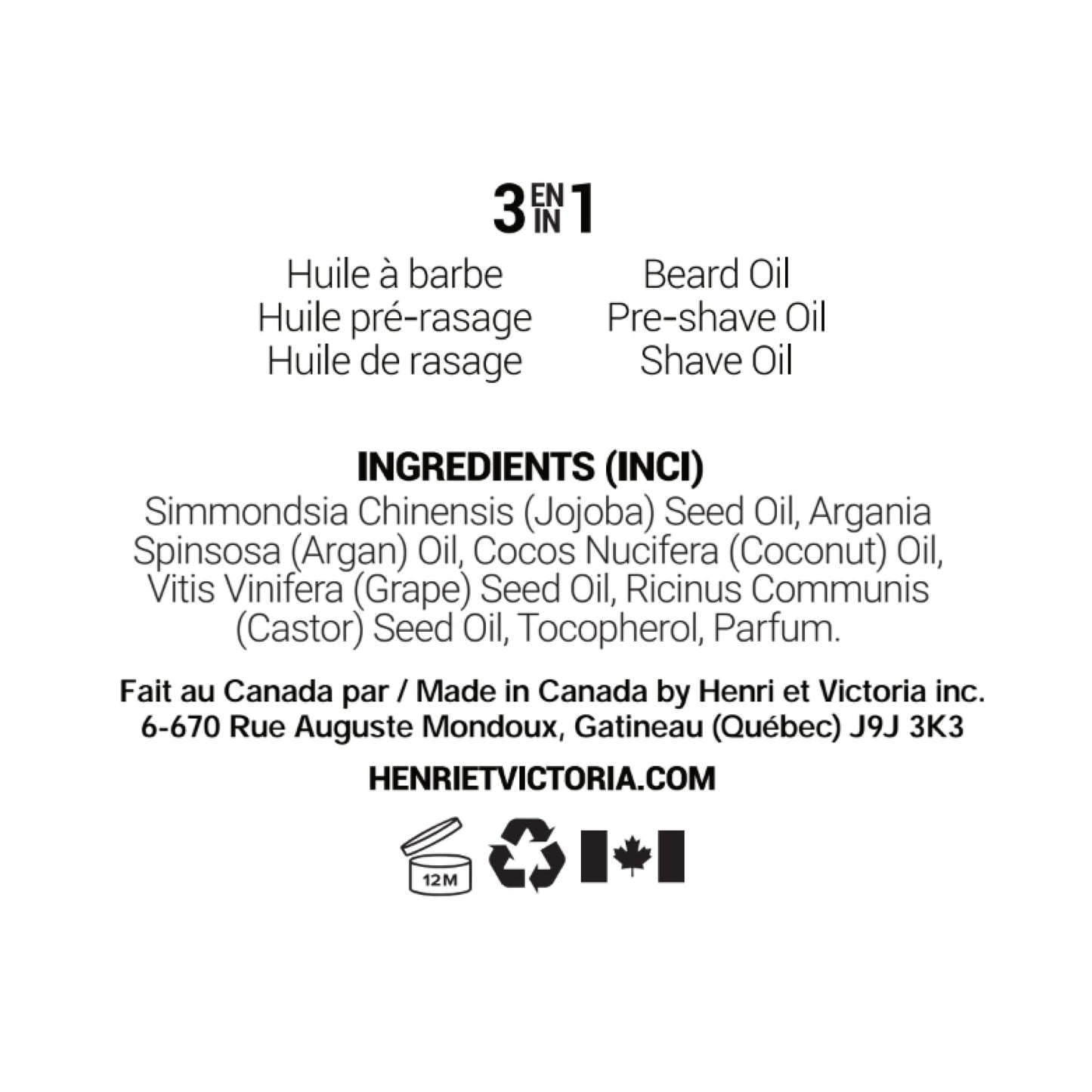 HENRI ET VICTORIA Beard Oil Cognac and Cuban Cigars Fragrance | Canadian Made by Skilled Artisan | Moisturizing, Non-Greasy, Natural Ingredients | 28g (1oz)