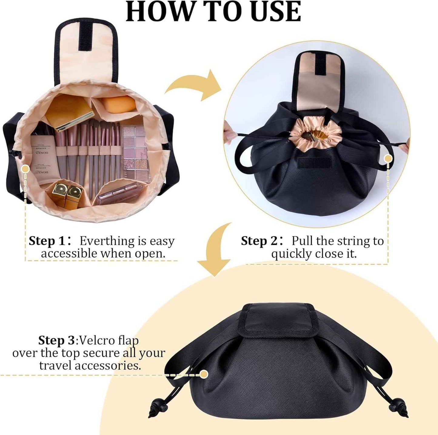 FANGENKE Large Drawstring Makeup Organizer,Lay Barrel Makeup Bag Leather Cosmetic Bag Toiletry Bag for Travel,Portable Waterproof Make Up Bags for Women Brush Toiletries Accessories (Black Large)