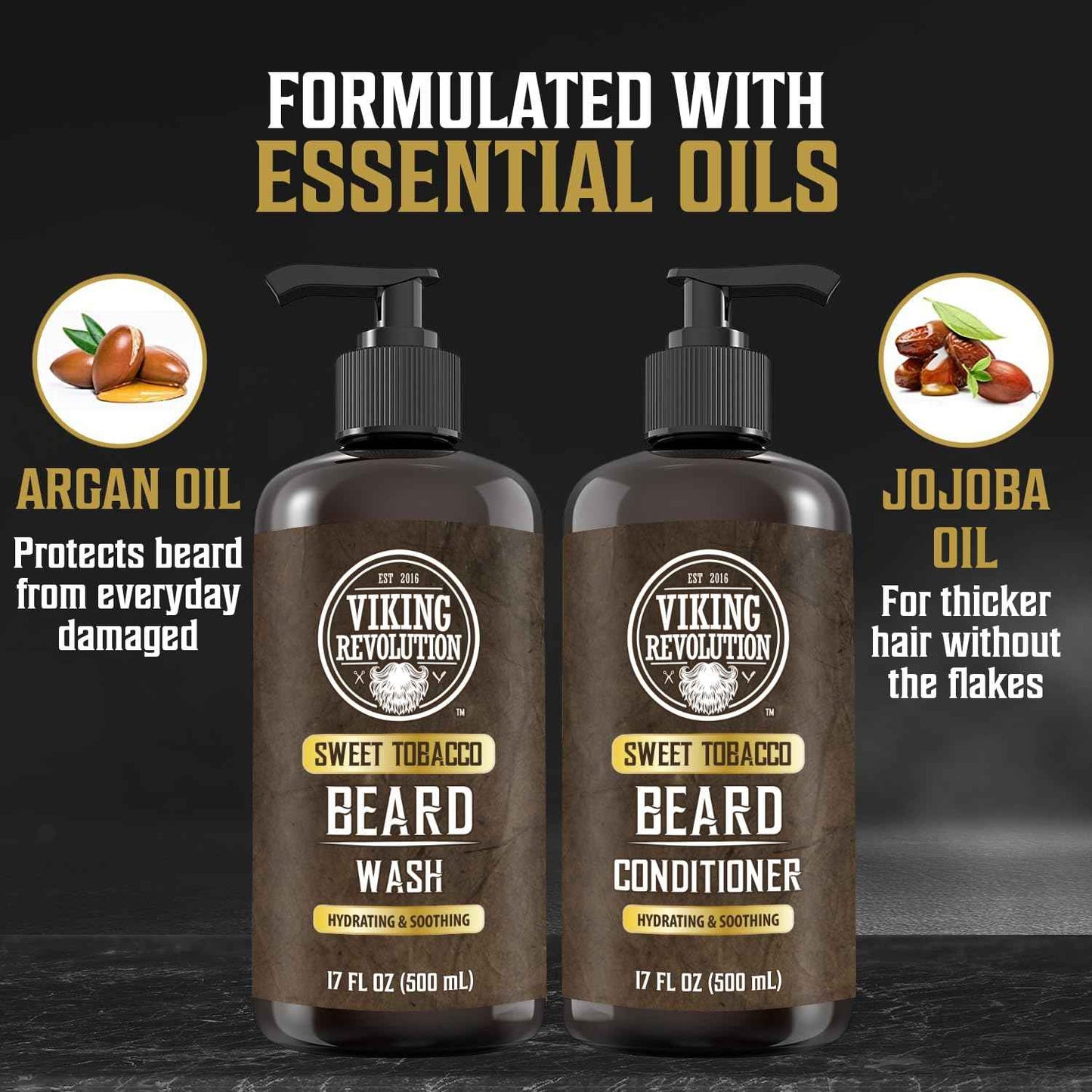 Viking Revolution Beard Wash and Beard Conditioner for Men with Argan Oil and Jojoba Oil - Beard Softener and Strengthener Beard Care Beard Shampoo and Conditioner with Beard Oil (17oz, Sweet Tobacco)
