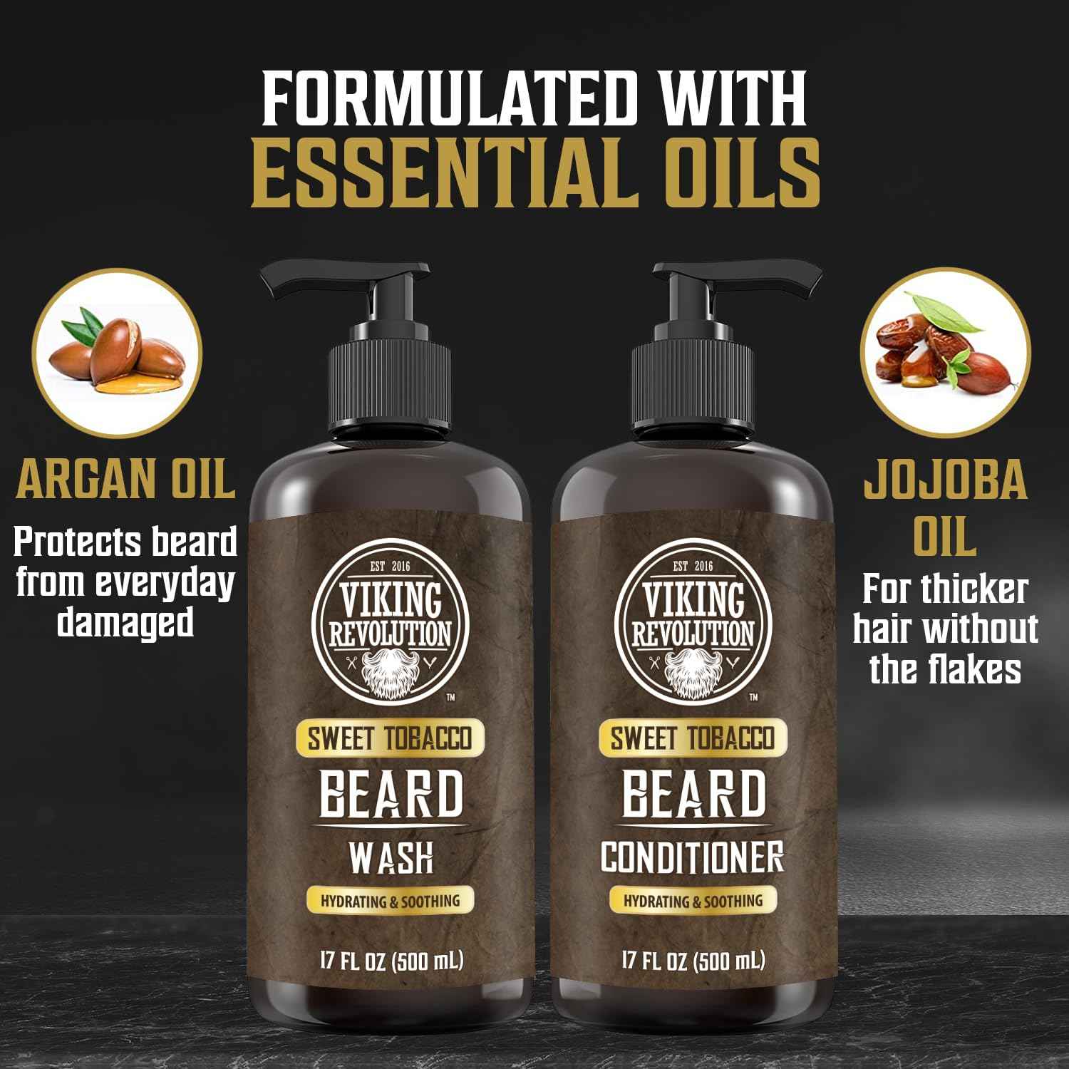 Viking Revolution Beard Wash and Beard Conditioner for Men with Argan Oil and Jojoba Oil - Beard Softener and Strengthener Beard Care Beard Shampoo and Conditioner with Beard Oil (17oz, Sweet Tobacco)