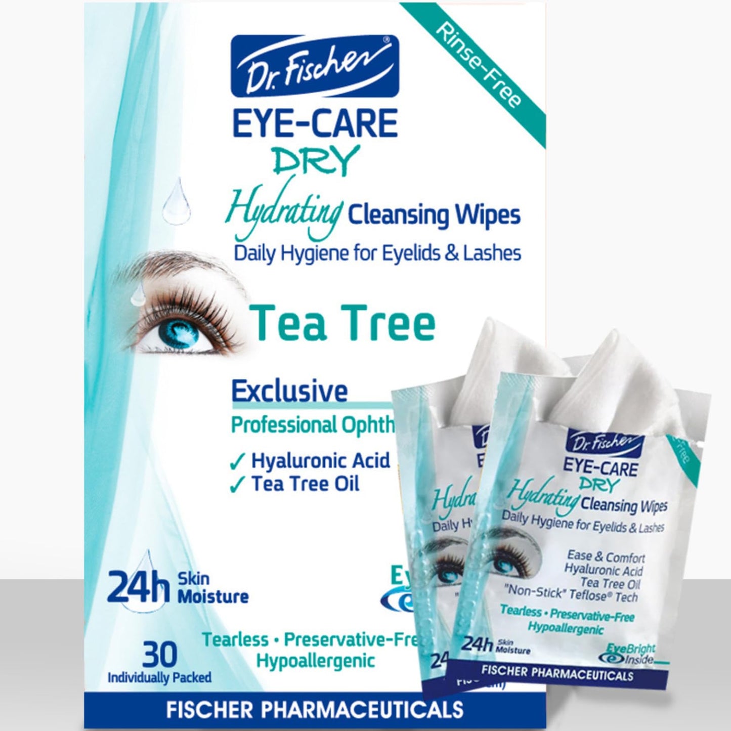 Dr. Fischer Tea Tree Eyelid Wipes for Dry Eyes - Gentle Eye Wipes for Everyday Eye Conditions and Hypoallergenic Makeup Remover (60 Wipes)