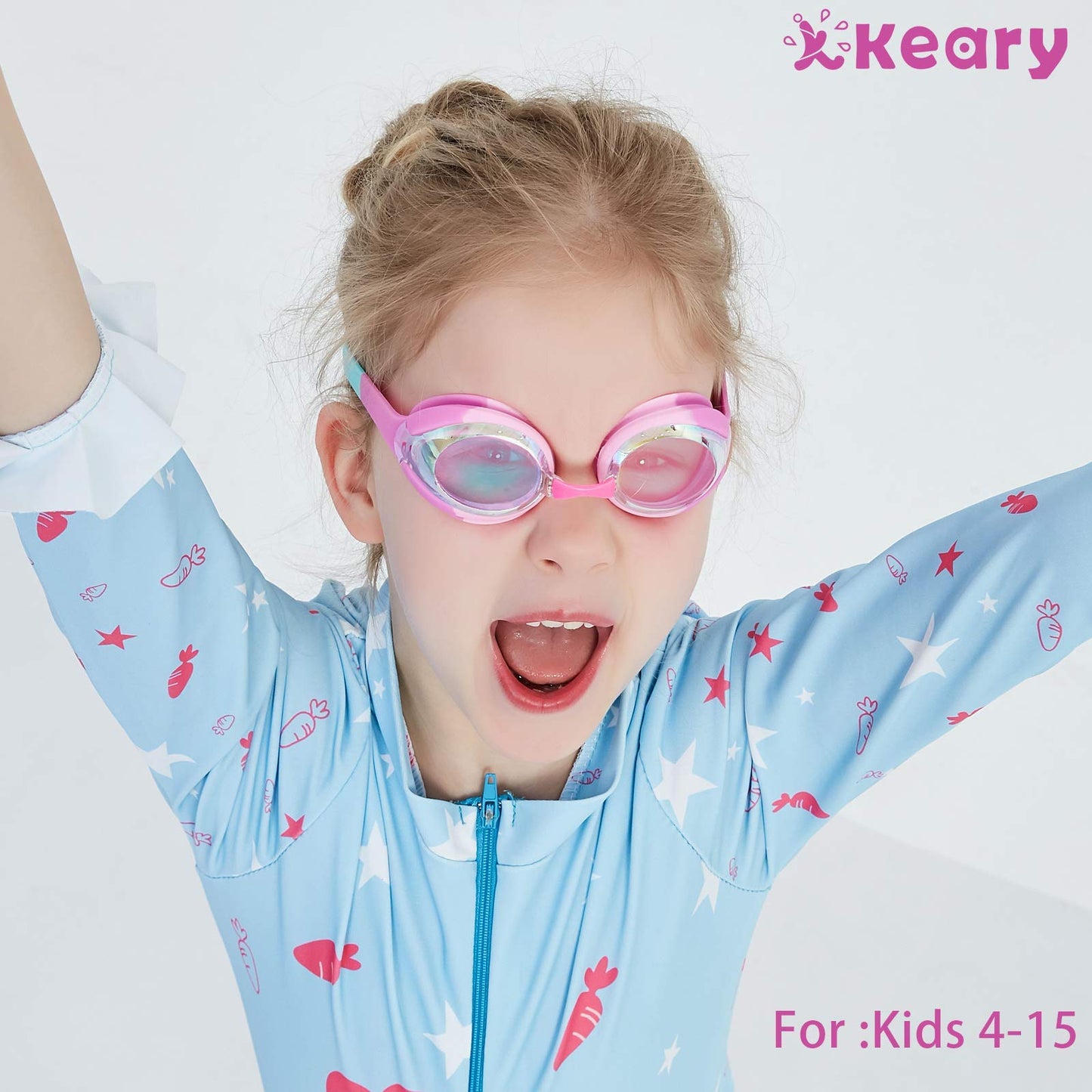 Keary 2 Pack Kids Swim Goggles Swimming Goggles for Toddler Children Girls Boys Youth, Anti-Fog Waterproof Anti-UV Clear Vision Mirror Flat Lens Water Pool Goggles with 3 Nose Piece, Pink Kids Goggles