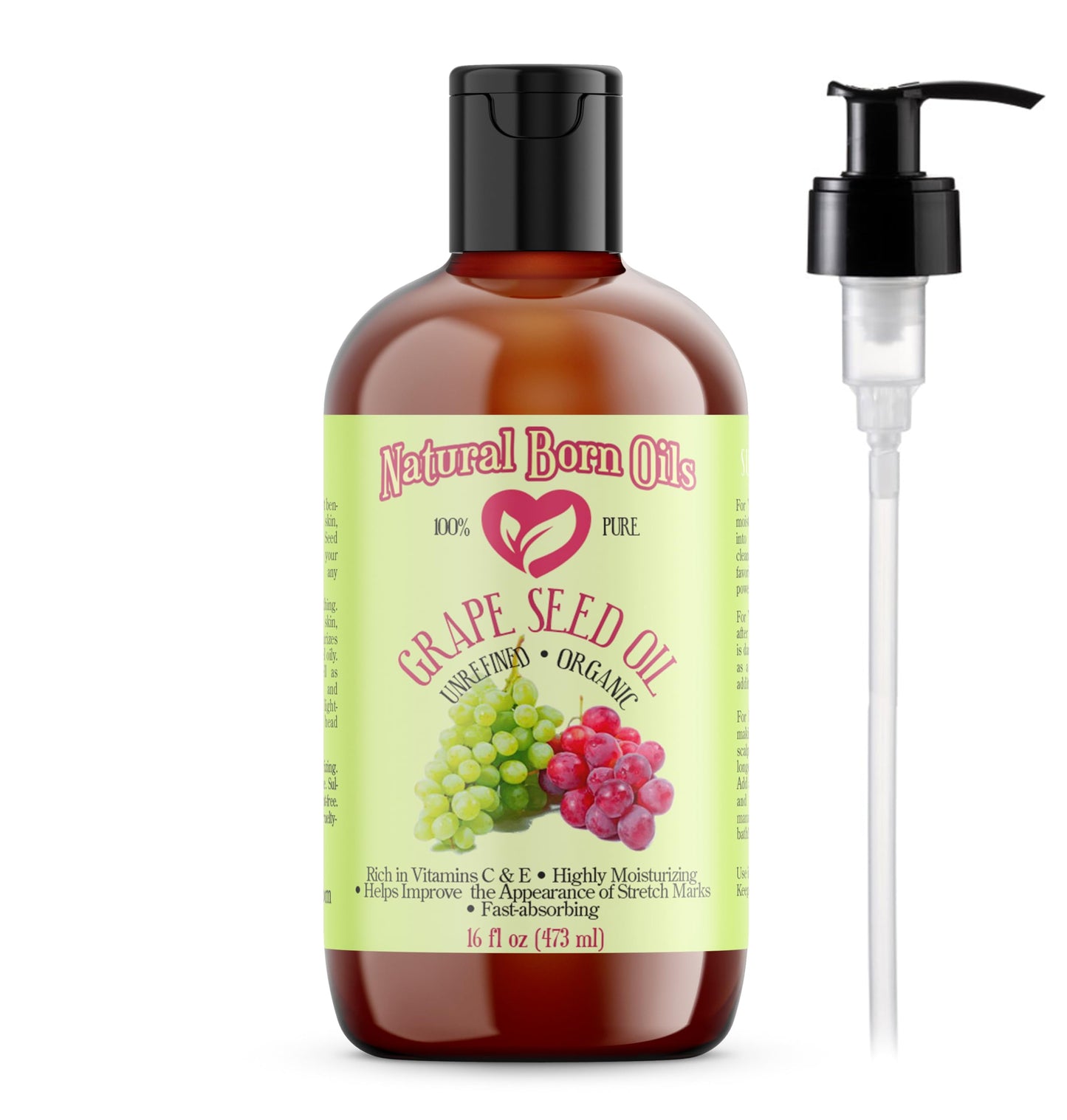 Natural Born Oils Grape Seed Oil, 16oz, Organic, Cold-Pressed, Nutrient-Dense, Deep Skin Nourishment, Hair Revitalization