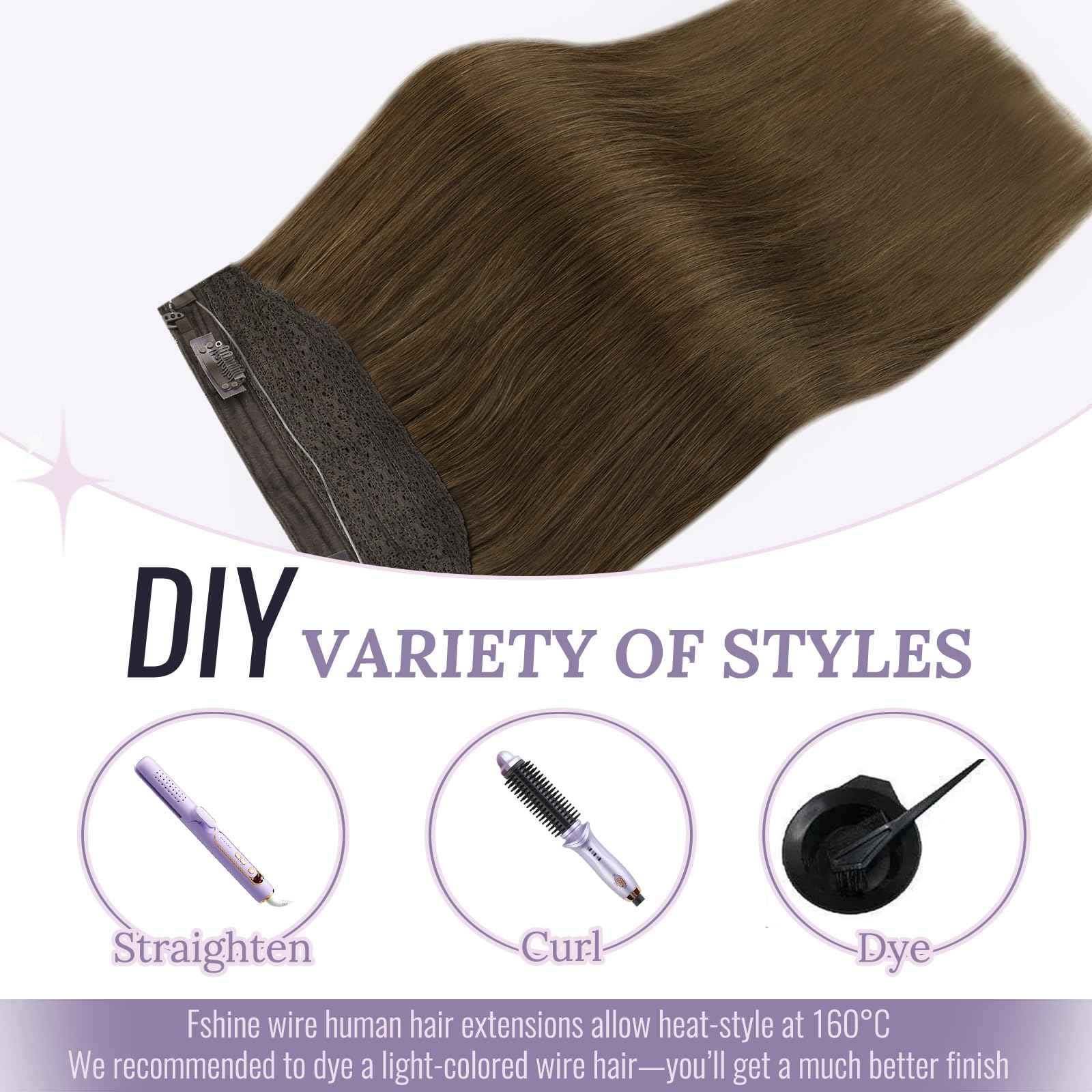 Fshine Invisible Wire Hair Extensions Dark Brown Hair Extensions Real Human Hair 12 Inch One Piece Natural Human Hair Color 4 Clip ins Extensions 70G