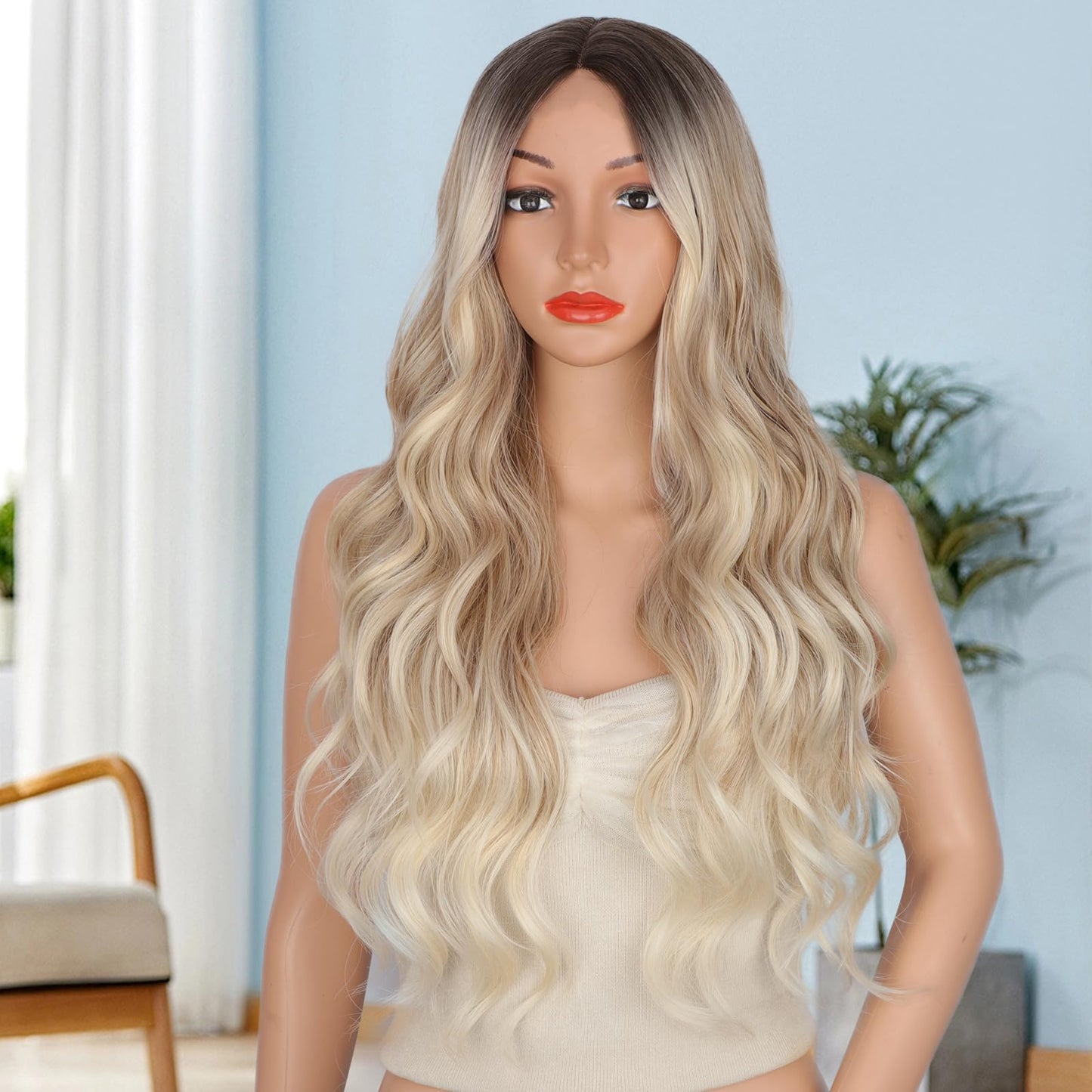 XIXIBI Long Dirty Blonde Wigs for Women, 26 Inch Ombre Blonde Curly Wavy Wig, Middle Part Lace Front Natural Looking Synthetic Wig for Daily Party Use