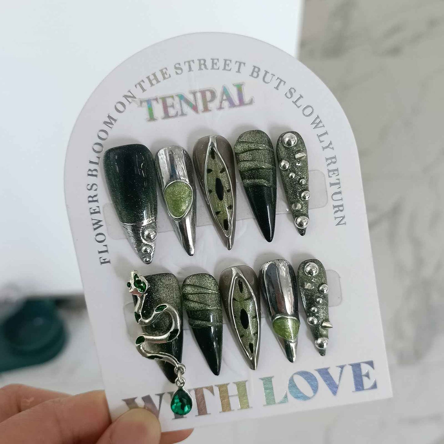 TENPAL Long Stiletto Press on Nails,Gothic Punk Green Cat Eye Nails Glow & 3D Snake with Gem,Black Silver Metallic Fake Nails Kits,10pcs Soft Gel False Nails with Steel Bead for Party Gifts(S)