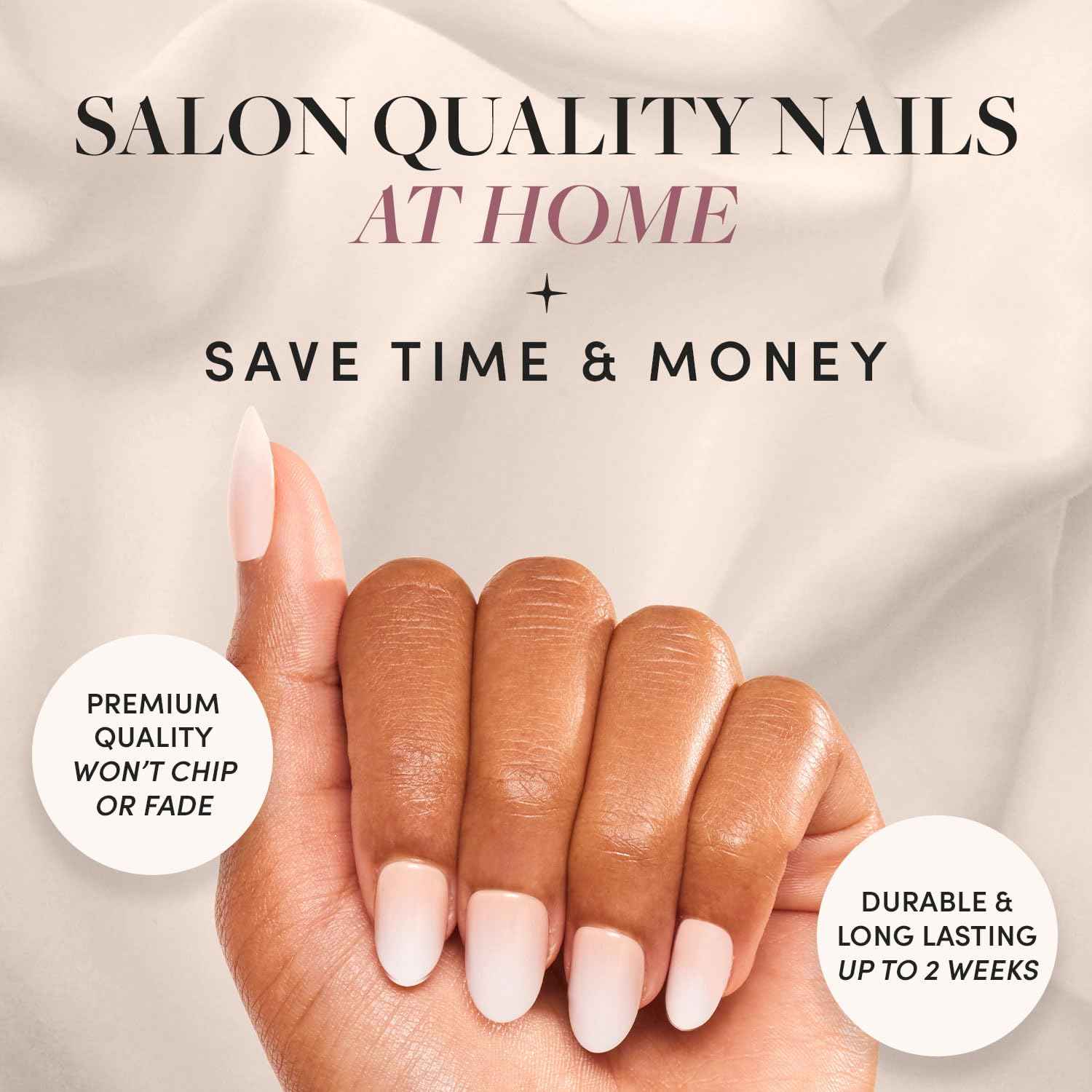 Glamnetic Press On Nails & Brush On Nail Glue Bundle - Creamer | Neutral Ombre Short Round Nails, Reusable | 15 Sizes - 30 Nail Kit with Glue