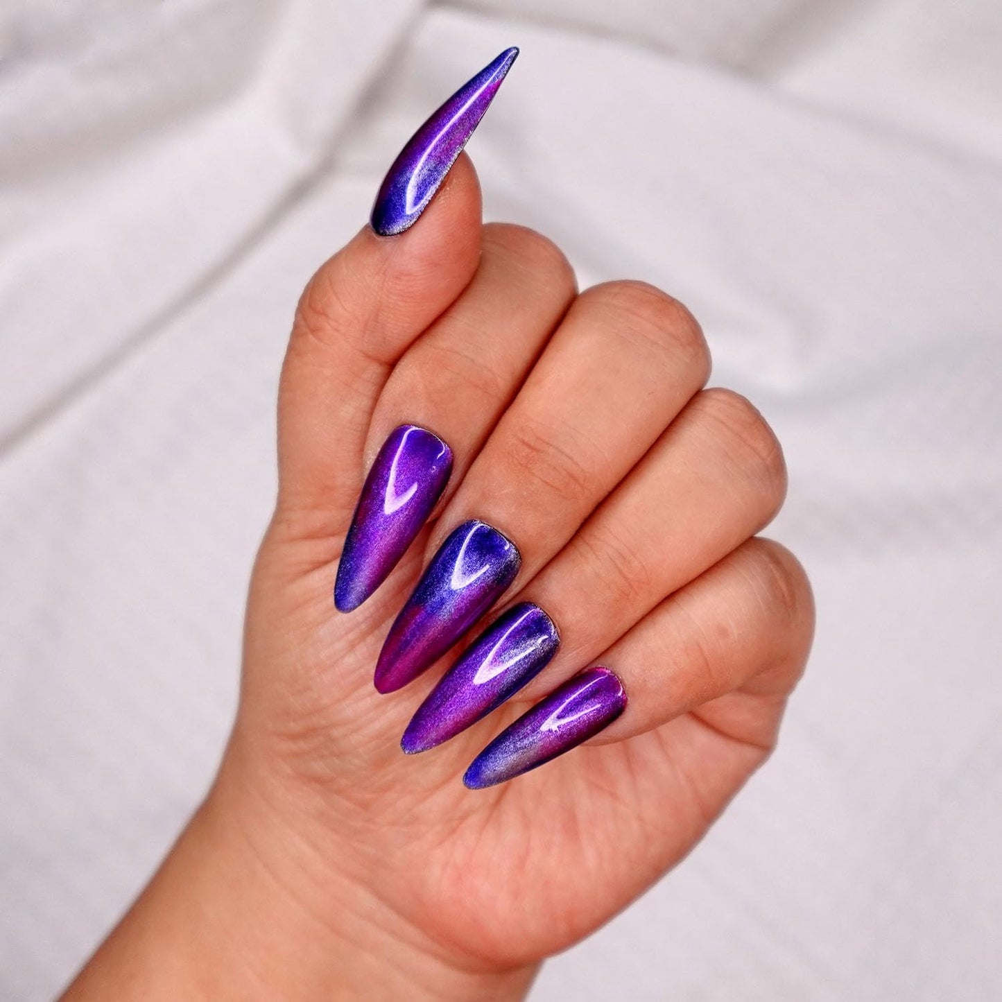 10 Pcs Handmade Press on Nails (Small, Dragon Heart - Blue and Purple Aesthetic Chrome/Stiletto) A125S