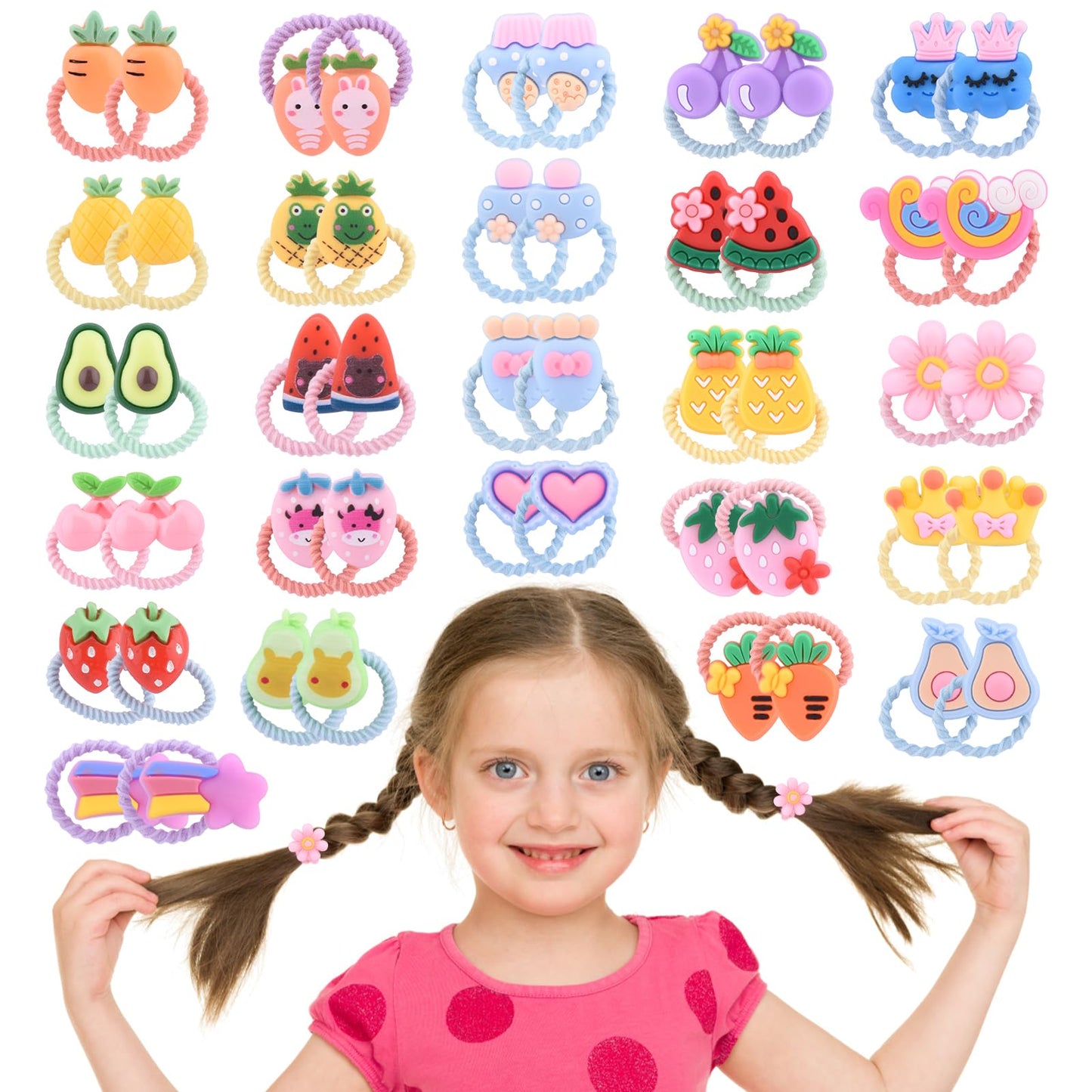 KELEAPEKER Cartoon Hair Ties for Girls,50pcs Girls Hair Ties No Damage,Colorful Elastic Cute Hair Accessories,Suitable for Girls Infants Toddlers Kids Teens(Cartoon Fruit)