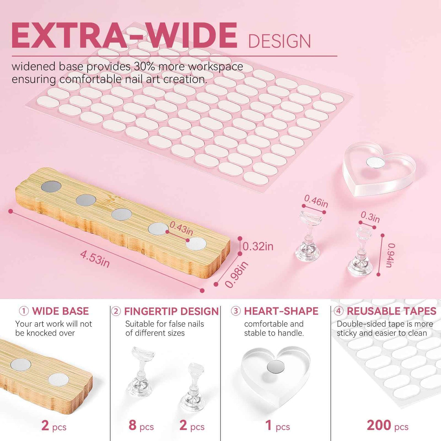 ESUOHYM Nail Stand for Press On Nails Art Display Practice 2 Sets, 1 Heart Shaped Acrylic Magnetic Nail Stands, Fake Nail Holder Tips With 200 PCS Double-Sided Tape, Nail Kit Home DIY Salon Supplies