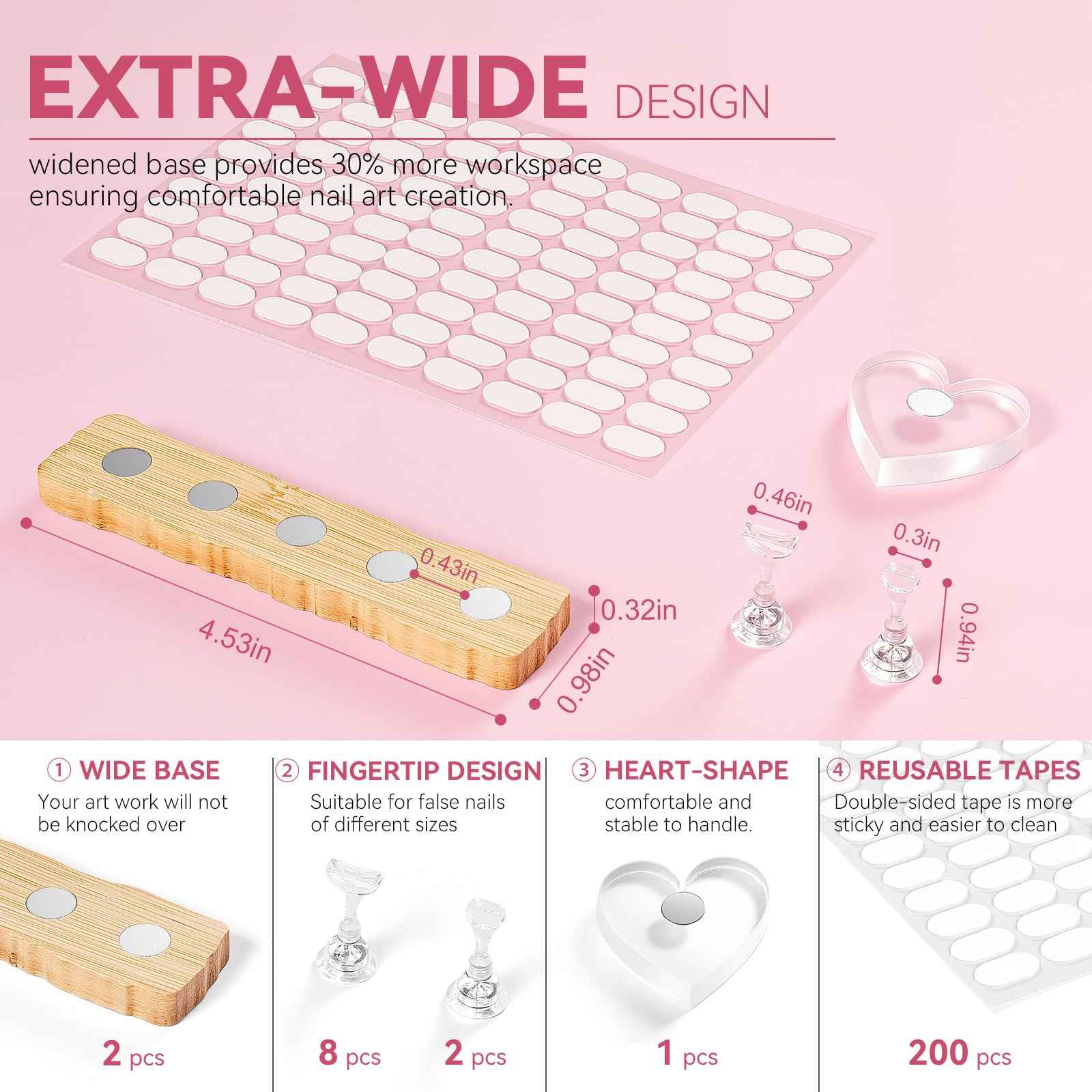 ESUOHYM Nail Stand for Press On Nails Art Display Practice 2 Sets, 1 Heart Shaped Acrylic Magnetic Nail Stands, Fake Nail Holder Tips With 200 PCS Double-Sided Tape, Nail Kit Home DIY Salon Supplies