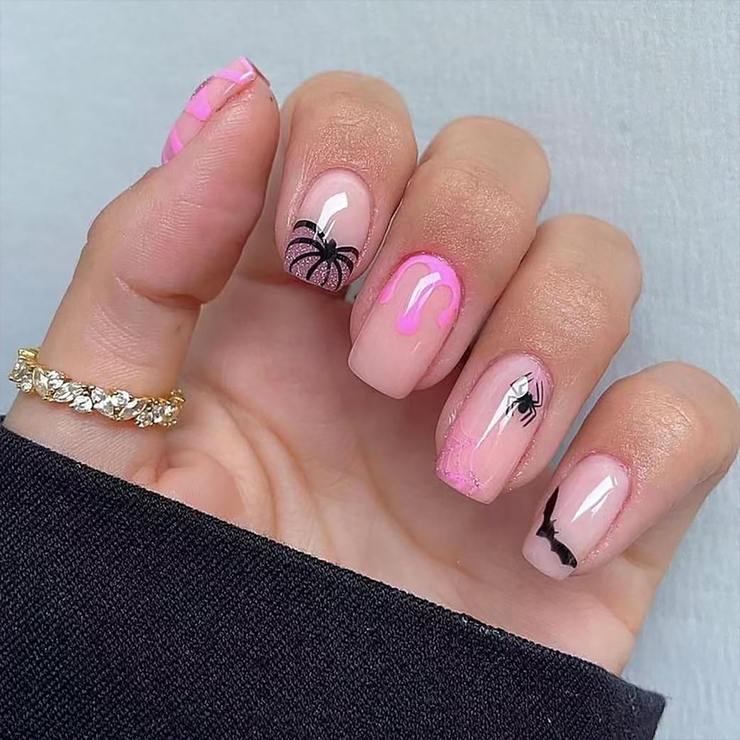 Halloween Press on Nails Short Square Pink Blood Spider Web False Nails with Glitter Pumpkin Bat Designs Full Cover Glossy Glue on Nails Cute Acrylic Nails Halloween Artificial Nails for Women Girls