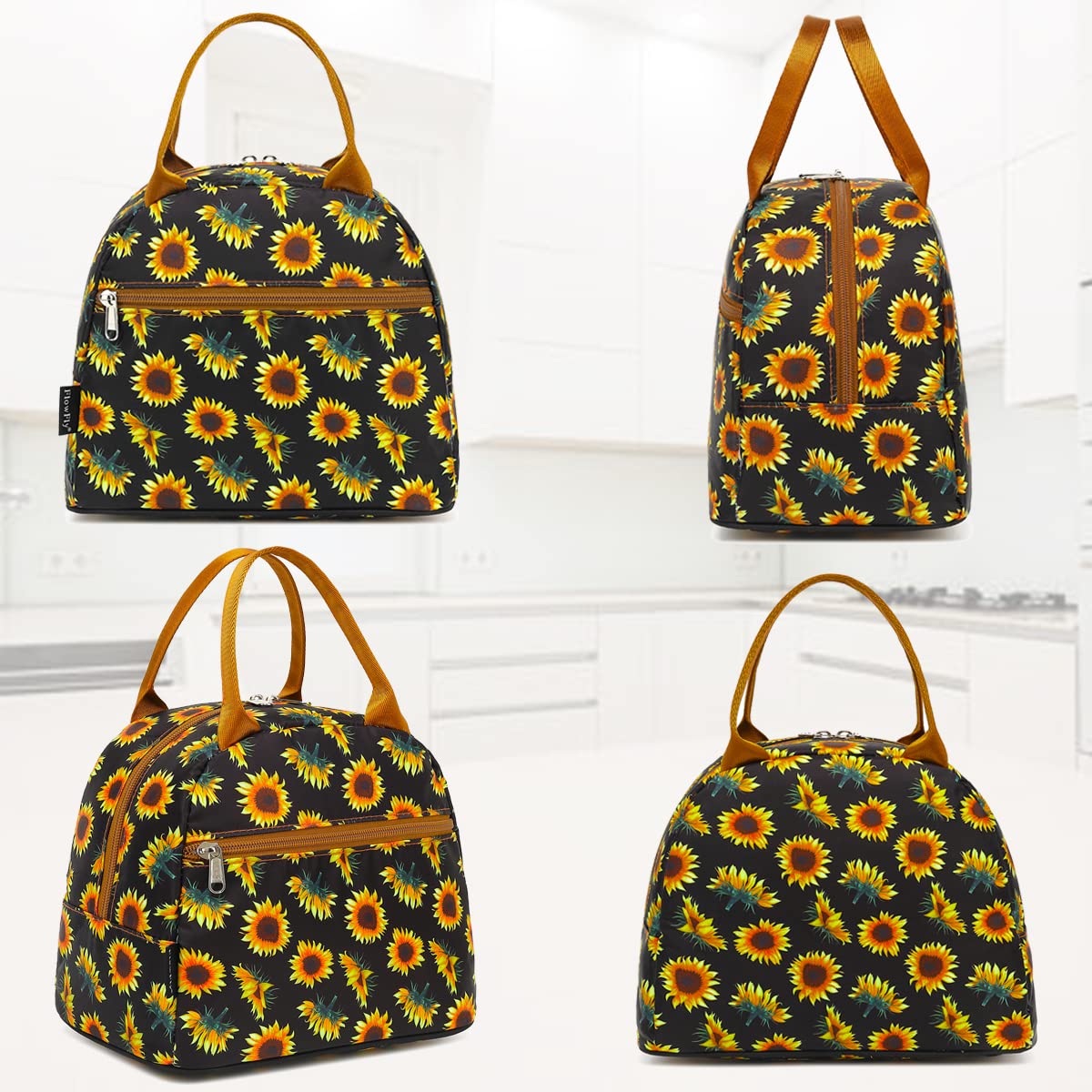 FlowFly Insulated Reusable Lunch Bag Adult Large Lunch Box Lunch Tote for Women and Men,With Front Pocket,SunFlower