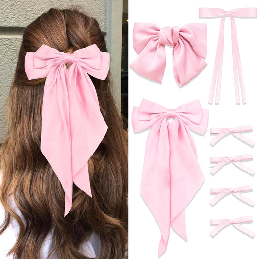 SAWINDA 7PCS Pink Hair Bows for Women Girls Hot Pink Silky Satin Hair Bows with Long Tail Alligator Hair Clips Satin Bows Hair Clips Hair Bow Hair Ribbon Accessories Birthday Gift