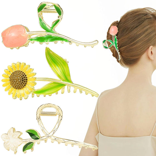 3 Pieces Flower Metal Hair Claw Clips Large Tulip Strong Hold Hair Clamps Fashion floral Hair Accessories Nonslip Hair Barrettes for Women Girls Long Thick Curly Hair (Tulip, Sunflower & Lily)