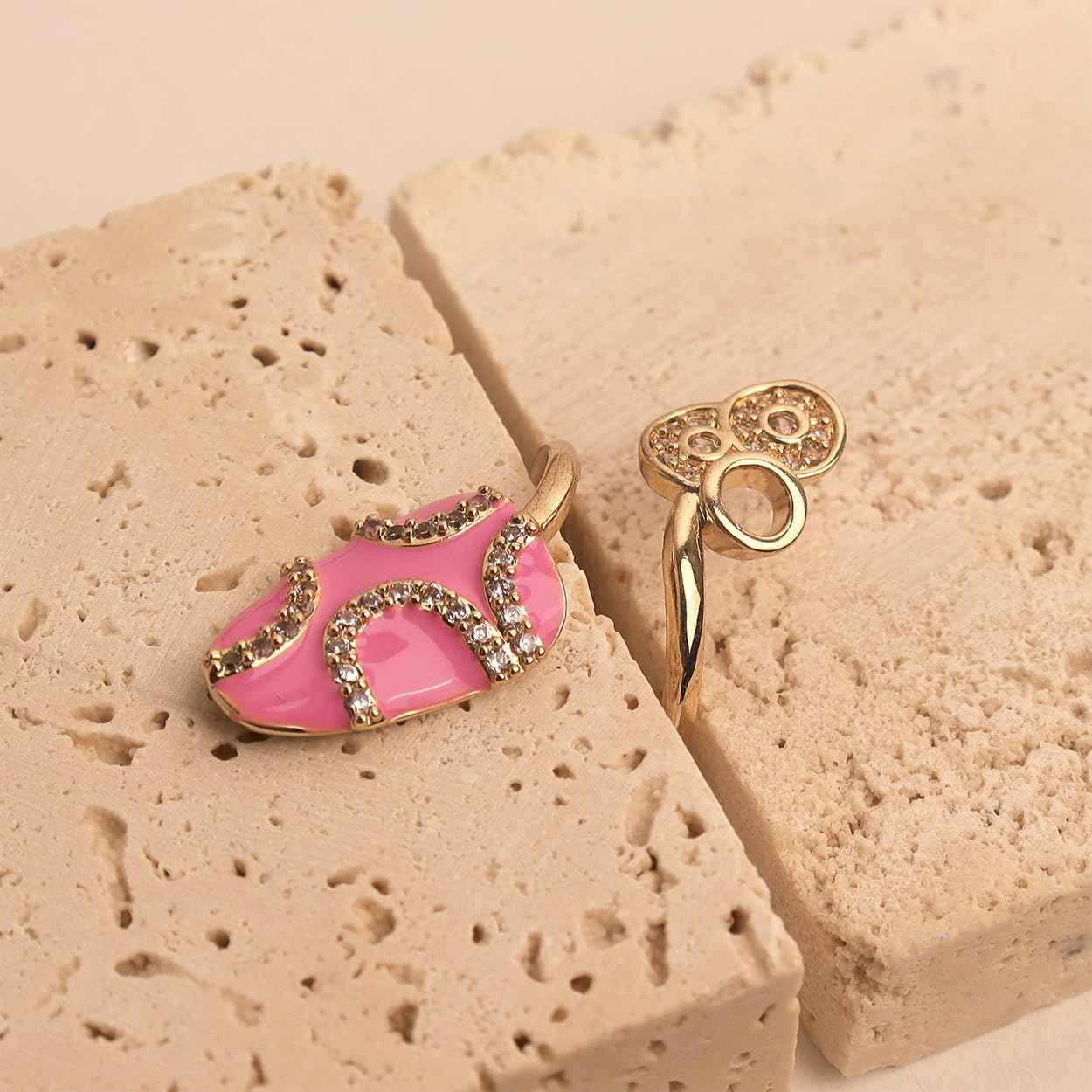 Jean Beau Pink Finger Nail Ring for Women Teen Art Round Rhinestones CZ Finger Cap Cover Tip Rings Gold Metal Nail Decoration Nail Protect Fashion Jewelry Gift