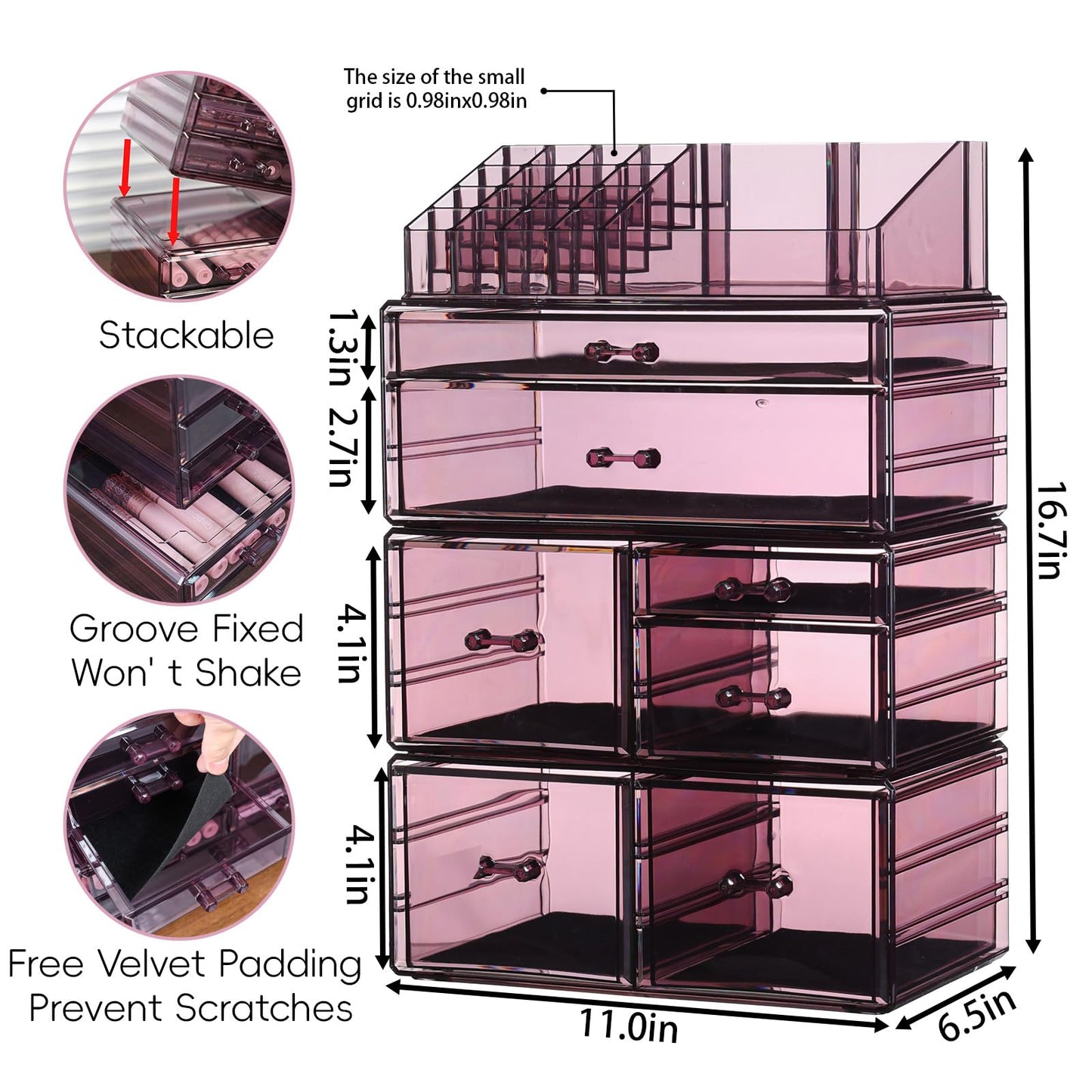 Cq acrylic 4 Pack Purple Large Makeup Organizer Dorm for Vanity Organize Your Beauty Essentials With 7 Drawers Organizers and Storage, Multi-purpose Pen Storage Desktop Drawer Organizer