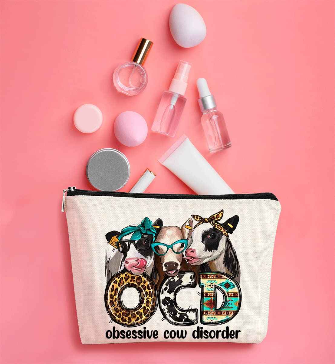 Western Makeup Bag OCD Obsessive Cow Disorder Funny Cows Print Farmhouse Heifers Cosmetic Bag Gifts for Girl Cows Lover, Birthday Gift for Sister Girl Best Friend Daughter Granddaughter