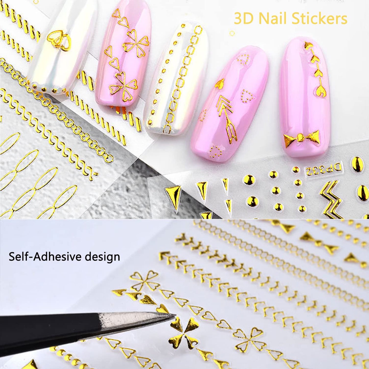 Gold Nail Art Stickers, Metallic Chains Line Triangle Heart Circle Letters Stars Square Nail Self-Adhesive Sticker Designs, Gold Nail Transfer Decals Supplies for Women Girls Manicure Decorations