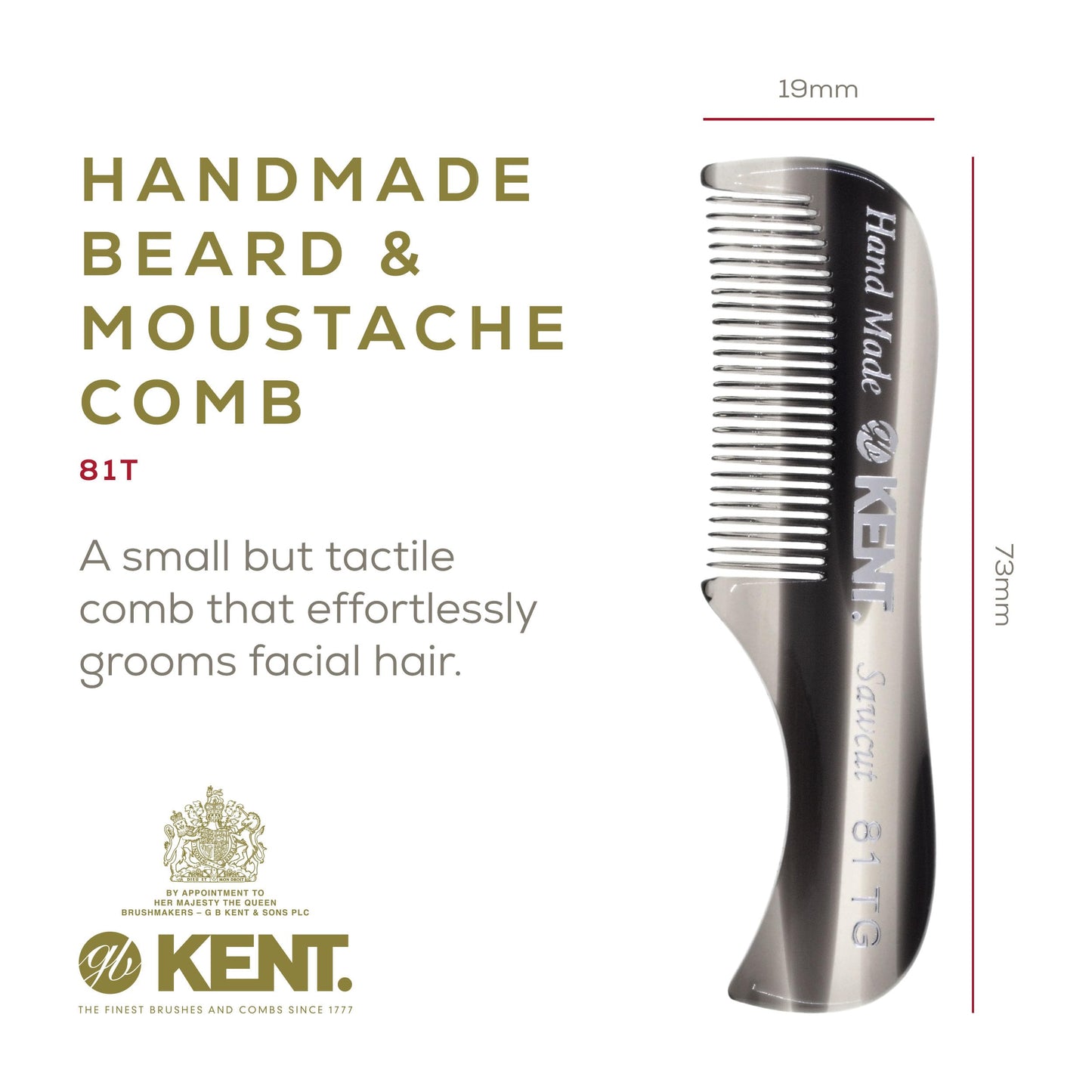 KENT A 81T Graphite X-Small Men's Beard Mustache Pocket Comb, Fine Toothed for Facial Hair Grooming and Styling. Hand-Made of Quality Cellulose Acetate, Saw-cut Hand Polished. Made in England