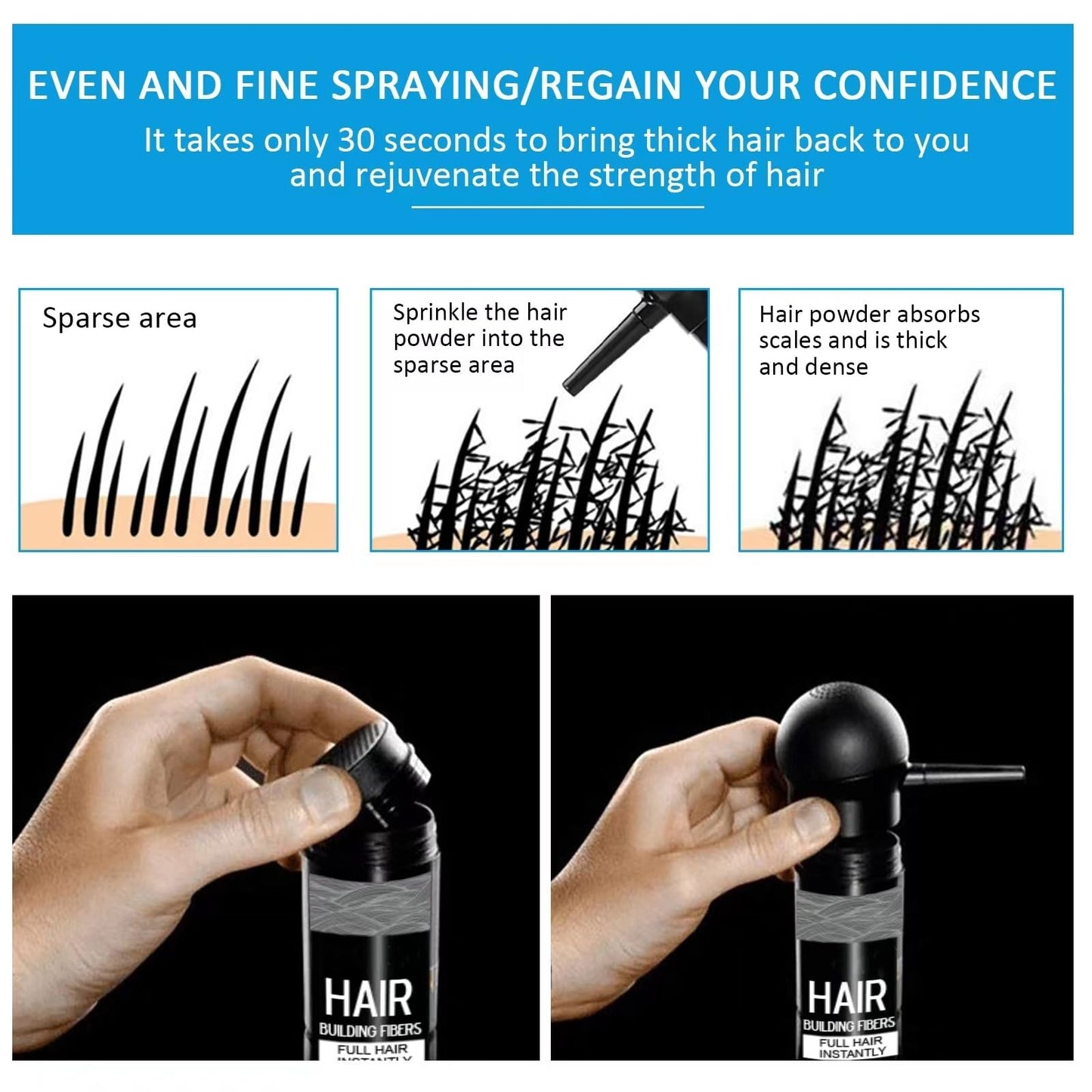 Hair Building Fibers for Thinning Hair with Spray Applicator Pump Nozzle - Natural & Undetectable,Instantly Thicker Fuller Hair Conceals Hair Loss 30 Sec,4 Shades for Men & Women,27.5g (Black)