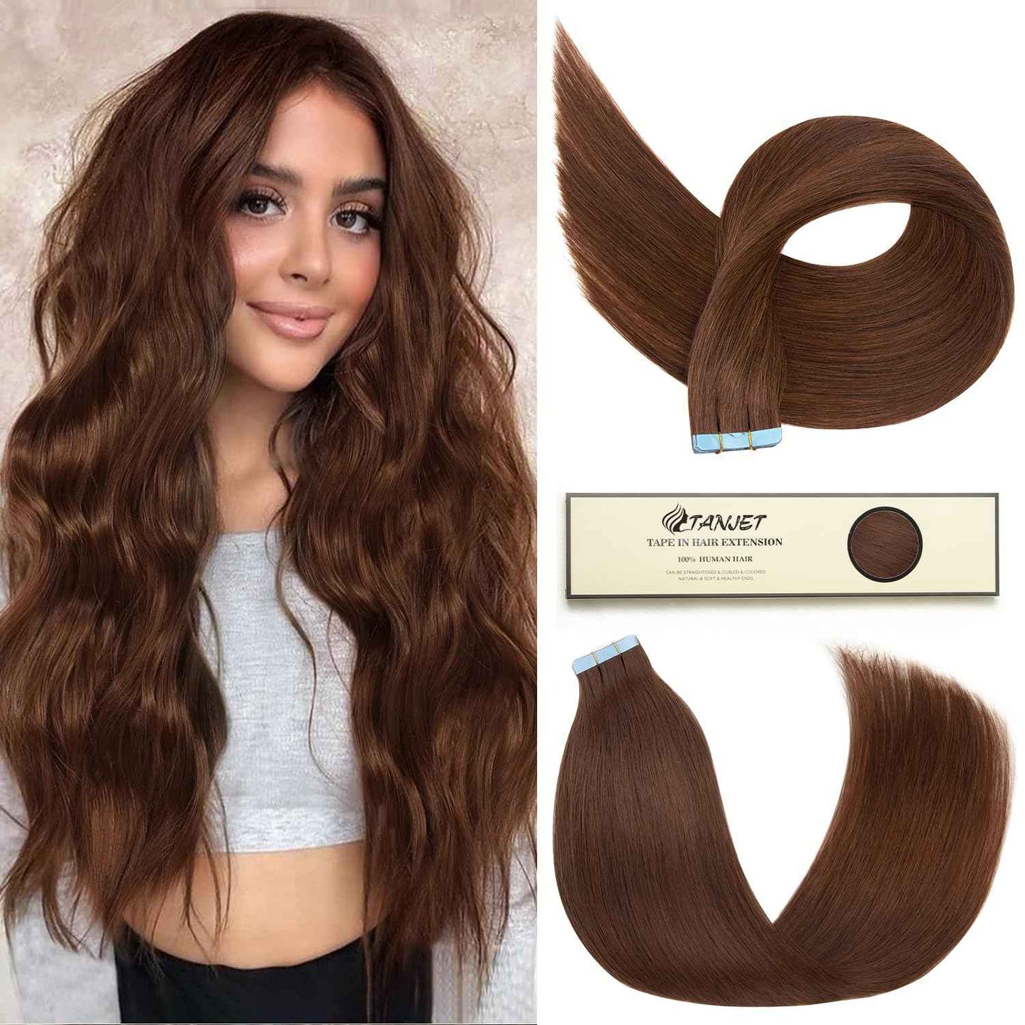 TANJET Tape in Hair Extensions 100% Remy Human Hair Soft Straight Seamless Skin Weft Hair Extensions Human Hair Tape in Hair Extensions Human Hair Chocolate Brown (#4 16 Inch 20pcs 40g/Pack)