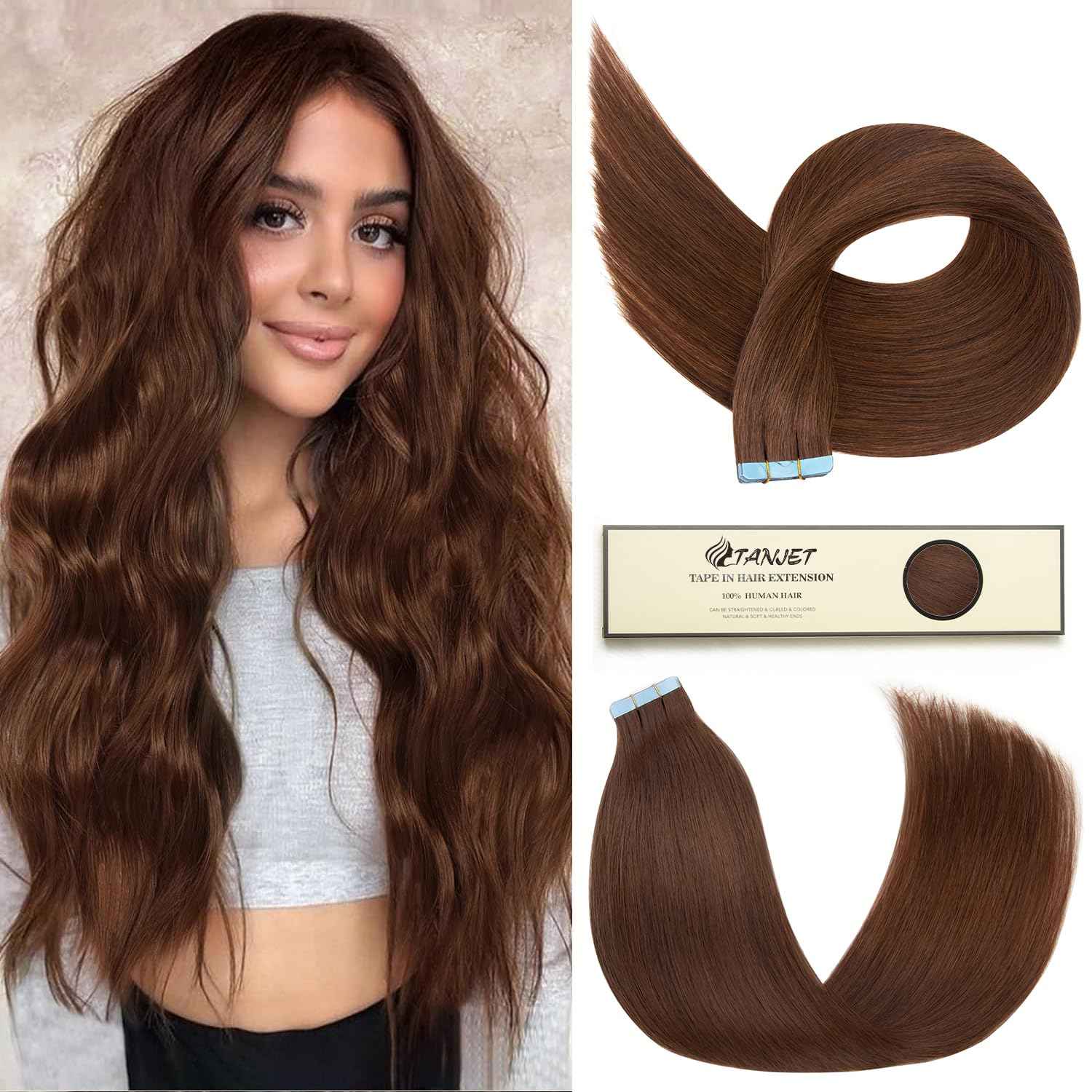 TANJET Tape in Hair Extensions 100% Remy Human Hair Soft Straight Seamless Skin Weft Hair Extensions Human Hair Tape in Hair Extensions Human Hair Chocolate Brown (#4 16 Inch 20pcs 40g/Pack)