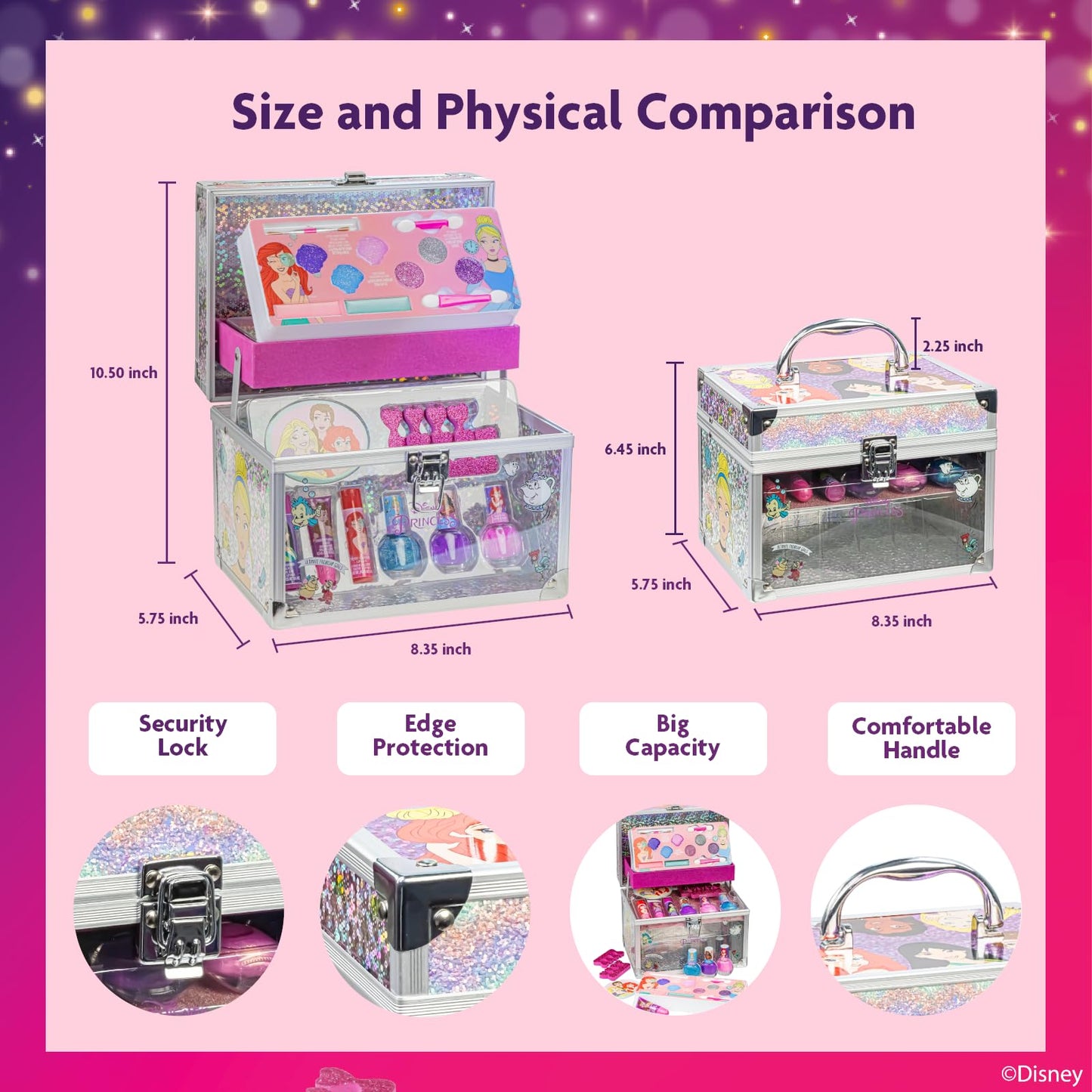 Disney Princess Train Case Girls Beauty Set, Kids Makeup Kit for Girls, Real Washable Toy Makeup Set, Play Makeup, Pretend Play, Party Favor, Birthday, Toys Ages 3 4 5 6 7 8 9 10 11 12