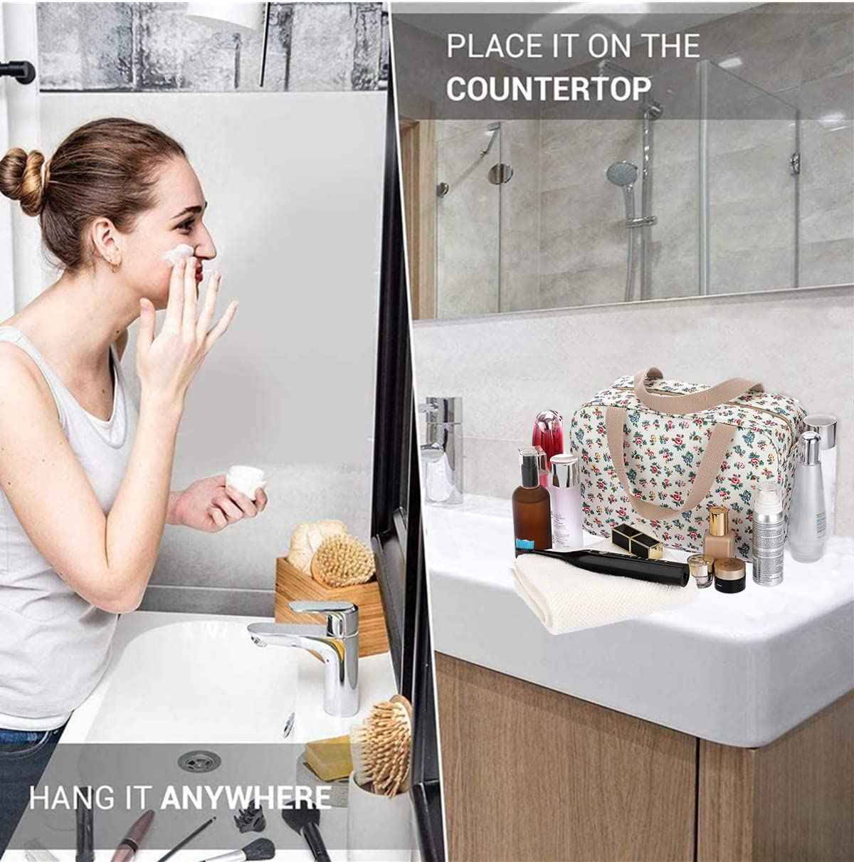 Hjkiopc Large Makeup Bag Toiletry Bag for Women Make Up Bag Cosmetic Bag Toiletries Bag Brush Bags for Traveling (Little Flower Beige)