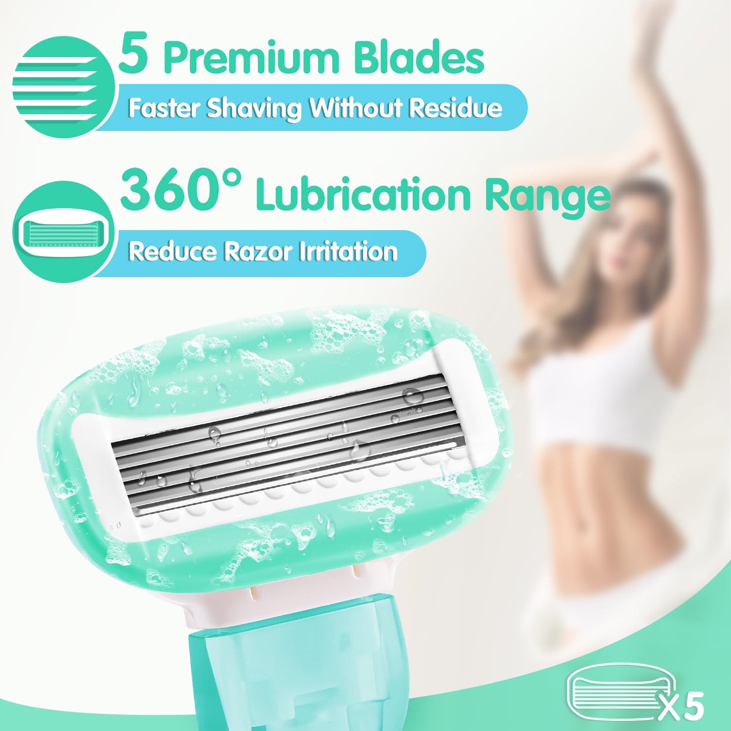 Travel Razors for Women Include 1 Handle and 5 Cartridges, Extra Smooth 5-Blade Mini Razor with Travel Case, Portable Travel Size Toiletries for Women, Green