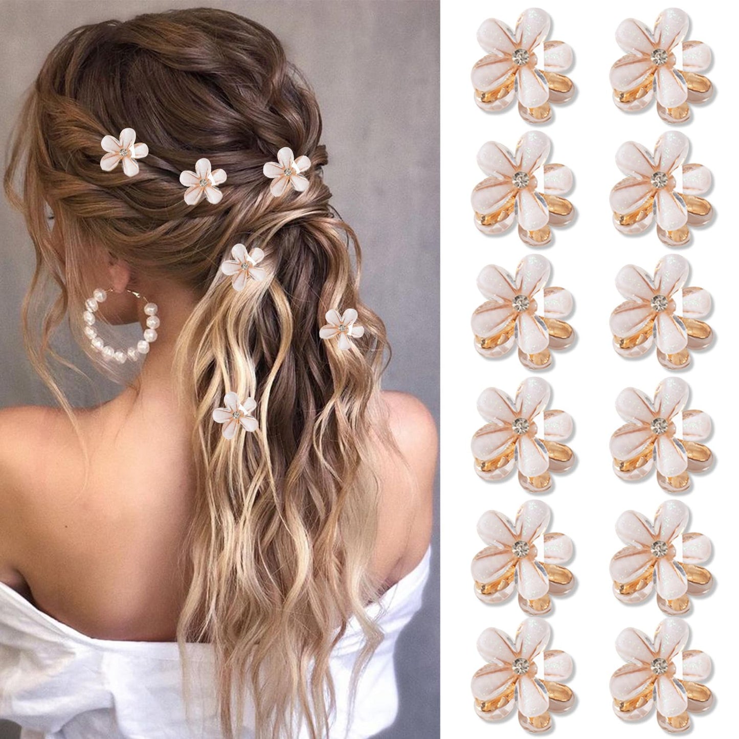 NAISKA 12 Pcs Flower Hair Claw Clips Mini Cute Hair Pins Sweet Crystal Hair Clips Decorative Non-slip Hair Clips Hair Accessories for Women Girls (White)