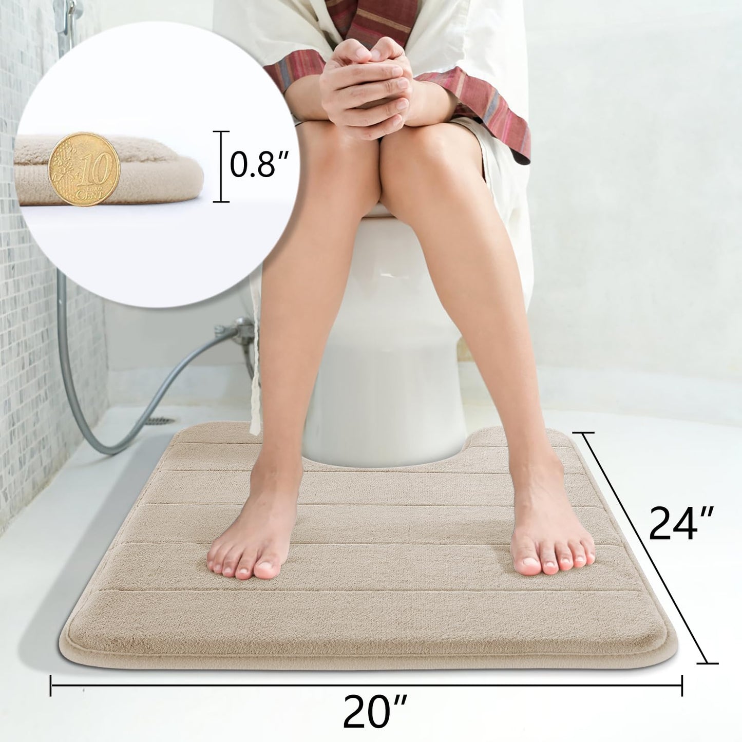 Yimobra Memory Foam Toilet Bath Mat U-Shaped, Soft and Comfortable, Super Water Absorption, Non-Slip, Thick, Machine Wash and Easier to Dry for Bathroom Commode Contour Rug, 24 X 20 Inches, Beige