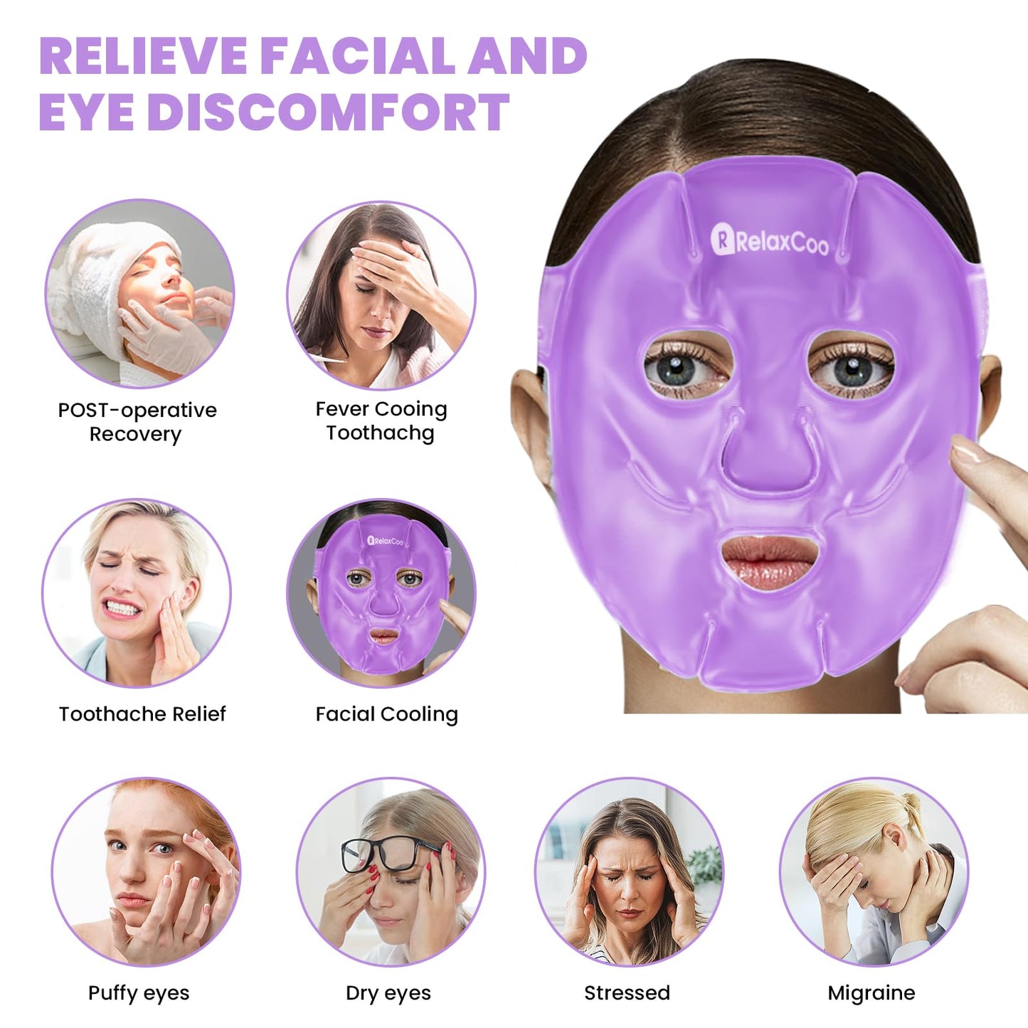 RelaxCoo Cold Face Eye Mask Ice Pack Reduce Face Puff,Dark Circles,Gel Hot Cold Compress,Face SPA for Woman Sleeping, Pressure, Headaches, Skin Care, 2 Pack, Purple