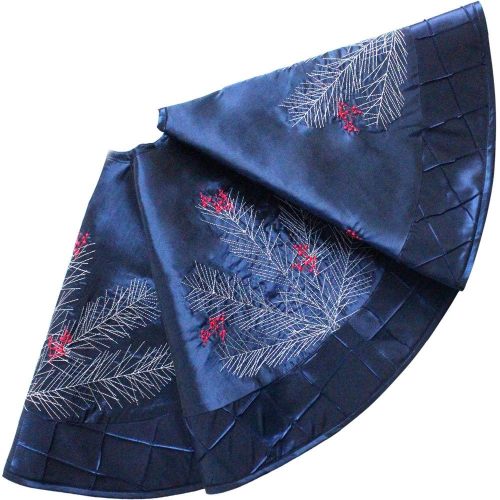 soofylia 42 inches Blue Faux Silk Embroidered Pine Branches Berry Christmas Tree Skirt Smooth Satin with Handcraft Pintuck Border Luxurious Christmas Decoration Indoor Outdoor Holiday Party Decor