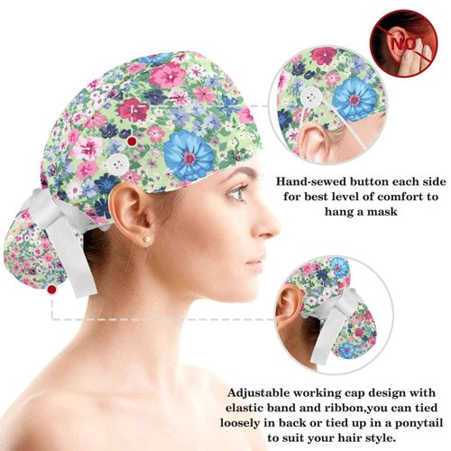 Spring Flowers Scrub Cap, Adjustable Working Cap with Button, Bouffant Caps with Bow Hair Scrunchy