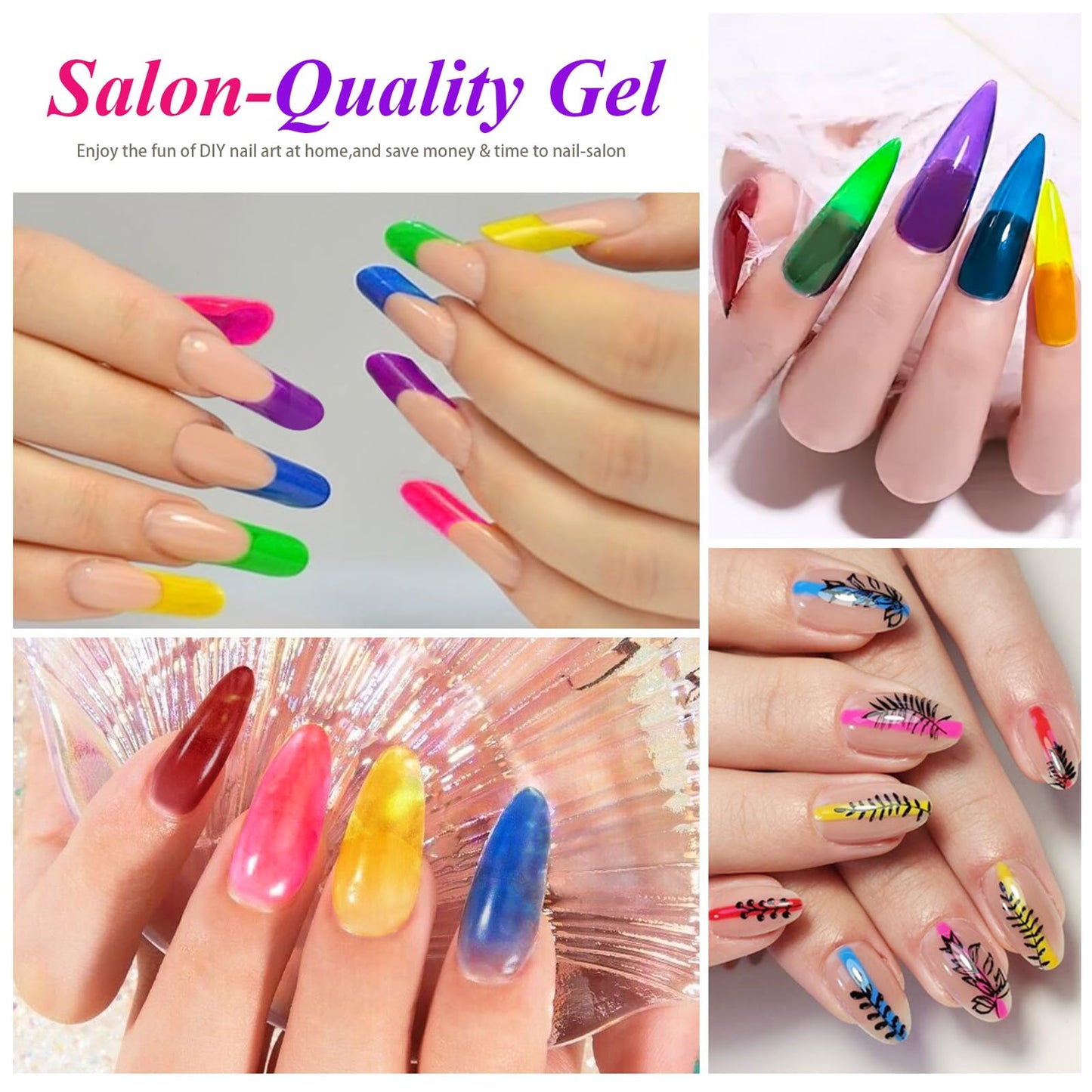 Artdone Transparent Gel Nail Polish Jelly neon Set - UV Gel 6 Colors Translucent Green Yellow Red Purple Blue Colors Gel For All Seasons Neutral Soak off LED Curing Kit For Nail Art