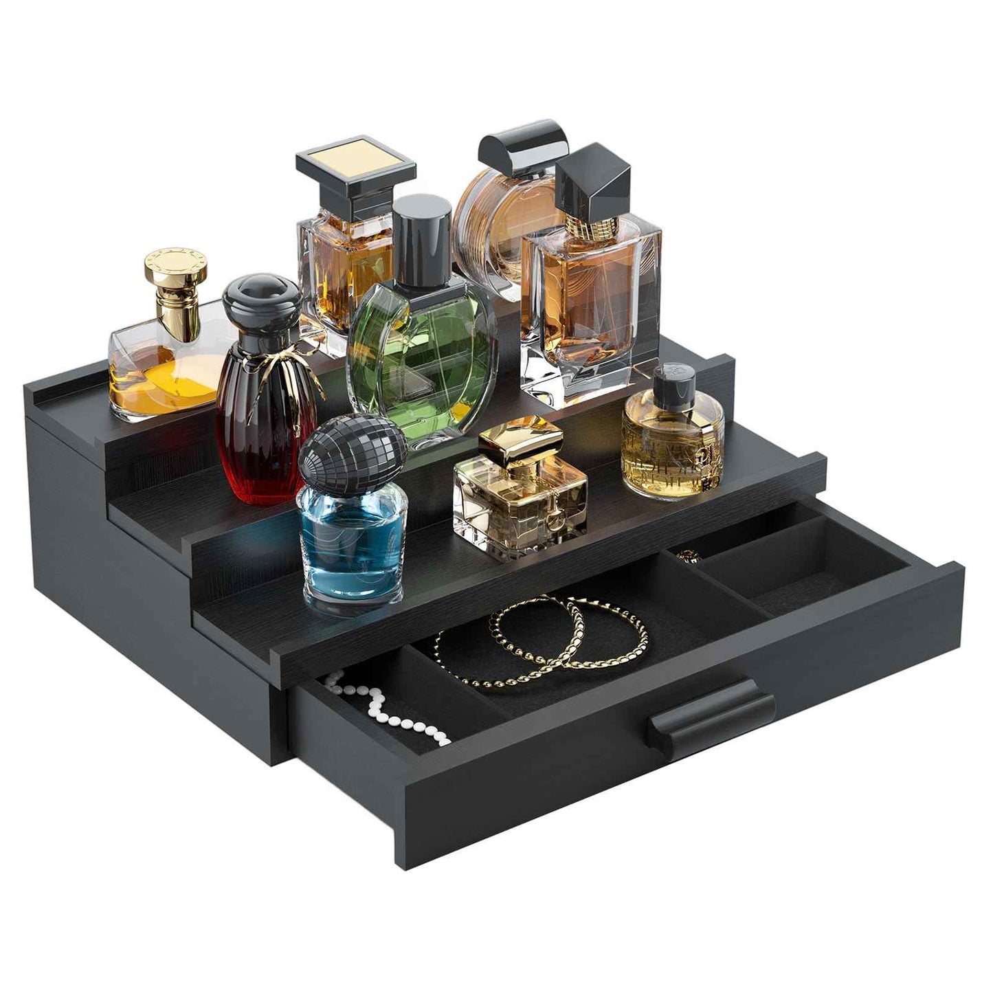 TIRYIUOU Perfume Cologne Organizer for Men: 3 Tier Wooden Perfumes Stand, Desktop Parfum Holder Wood Display Shelf with Cabinet, Bedroom Dresser Makeup Lotion Jewelry Storage Rack with Drawer