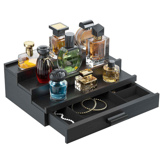 TIRYIUOU Perfume Cologne Organizer for Men: 3 Tier Wooden Perfumes Stand, Desktop Parfum Holder Wood Display Shelf with Cabinet, Bedroom Dresser Makeup Lotion Jewelry Storage Rack with Drawer