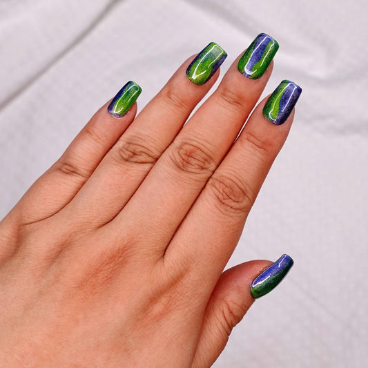 10 Pcs Handmade Press on Nails (Medium, Gaia - Chrome Blue and Green Water Color/Short Square) A124M