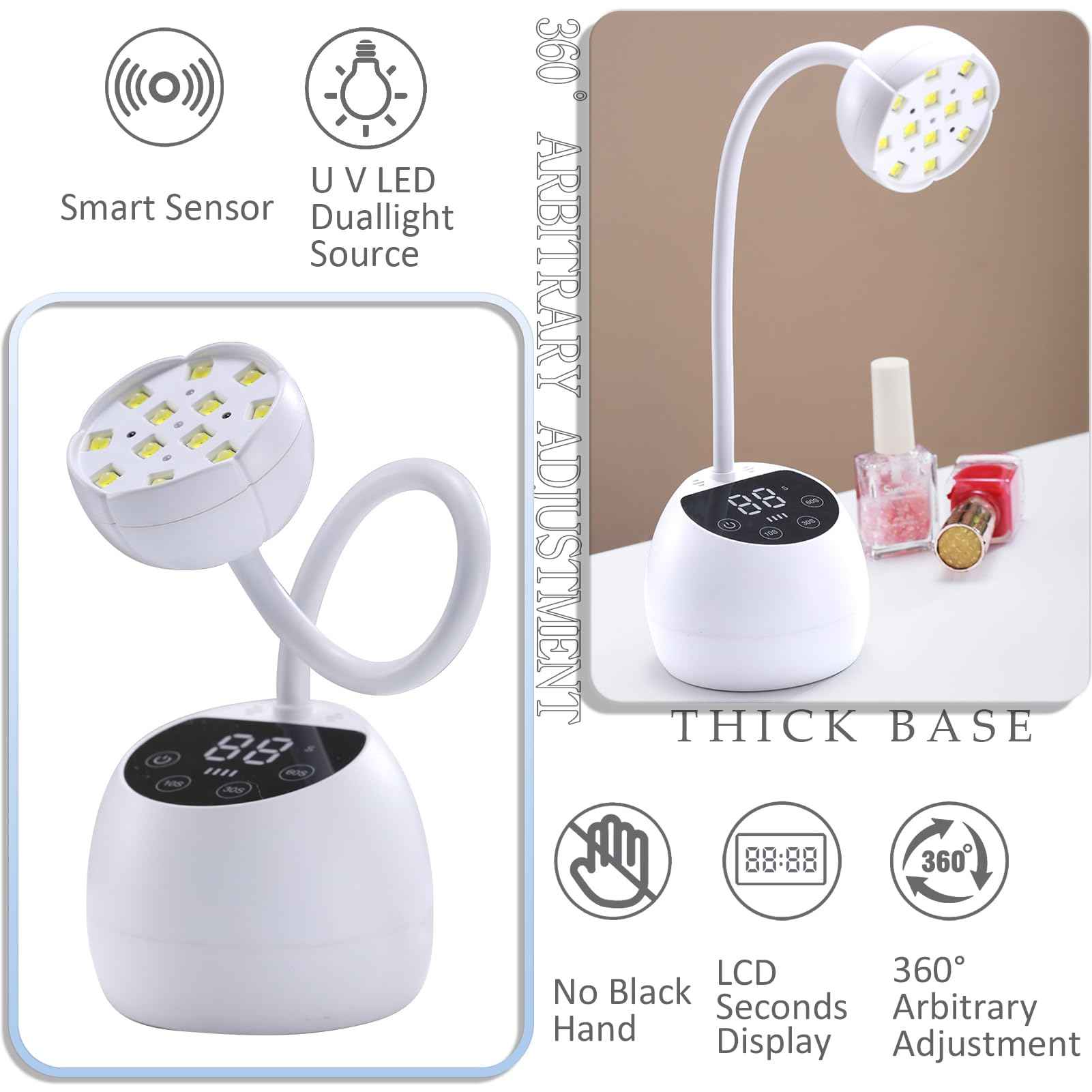 PHAIN Mini U V LED Nail Lamp with 3 Timers and LCD Display,36W Cordless Flash Cure Gel x Nail Lamp, Auto Sensor Gooseneck Portable USB Gel Nail Dryer U V Light for Home DIY, Pearl White, ML-10003