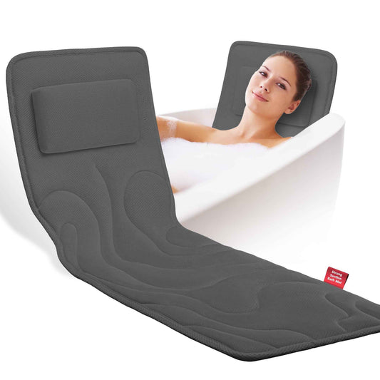 Full Body Bath Pillow for Tub, Extra Thick 4D Air Mesh & Quick-Dry Spa Pillow for Head Neck and Beck Support, Non-Slip Suction Cups Fits All Tubs - Luxury Bath Accessories for Relaxation, Grey (Grey)