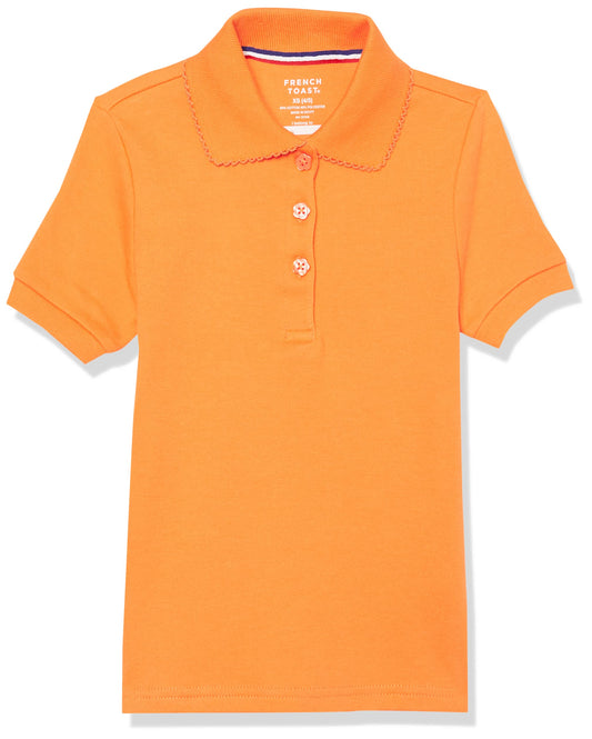 French Toast Girls Short Sleeve Picot Collar School Uniform (Standard And Plus) Polo Shirt, Sun Orange, 4-5 US