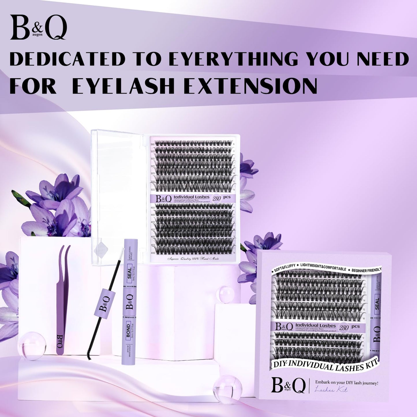 DIY Lash Extension Kit 280pcs Individual Lashes Cluster D Curl Eyelash Extension Kit Lash Clusters with Lash Bond and Seal and Lash Applicator Tool for Self Application (KIT,30D+40D-9-16MIX)