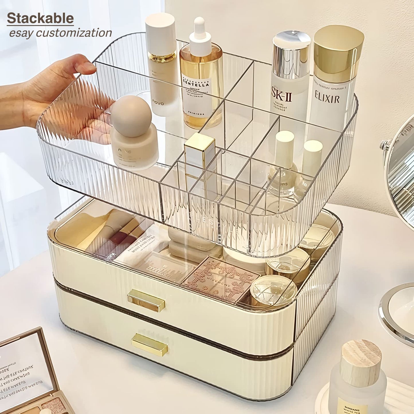 Clear Makeup Organizer With Stackable Drawer, Cosmetic Storage Display Case for Vanity, Bathroom Countertop or Dresser,Counter top Holder for Lipstick, Brushes, Lotions, Eyeshadow, Nail Polish