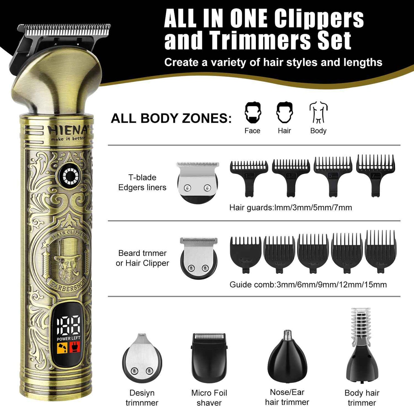 HIENA PRO Beard Trimmer for Men, Electric Razor & Shavers for Men, Cordless T-Blade Hair Clipper Set, Mens Grooming Kit for Shaving Face, Mustache, Body, Ear, Hair,Nose Trimmer