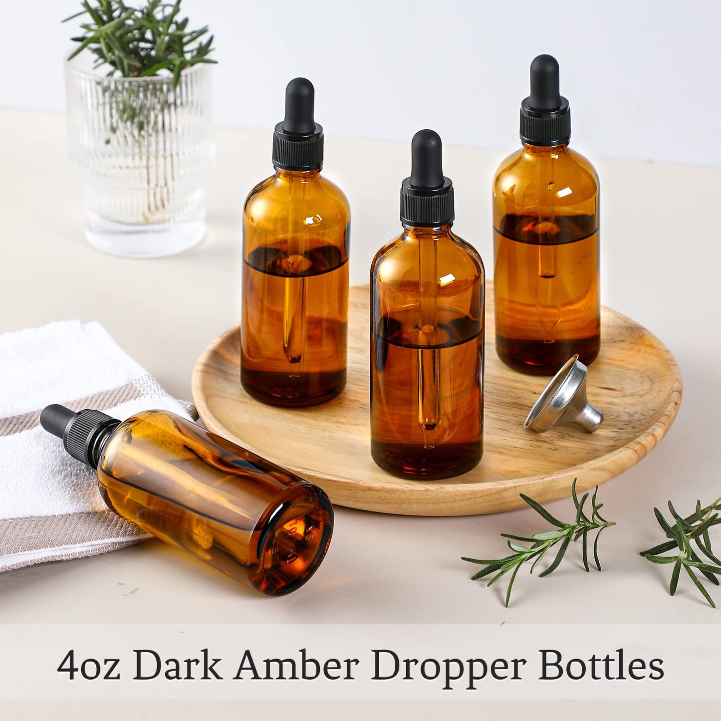 4 Pack, 4oz Glass Amber Dropper Bottles w/ 2 Extra 1mL Calibrated Glass Droppers & 1 Funnel & 4 Labels - 120ml Dark Brown Tincture Bottles w/ Eye Droppers - Leakproof Travel Bottles for Essential Oils