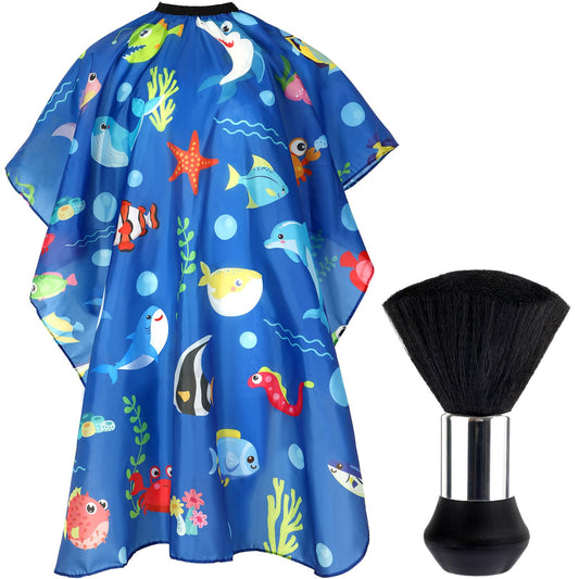 FEBSNOW Ocean Animal Kids Hair Cutting Cape,Professional Kids Barber Cape and Neck Duster Brush Cartoon Hairdresser Apron with Adjustable Closure for Children Salon Barber Supplies for Kids & Adults